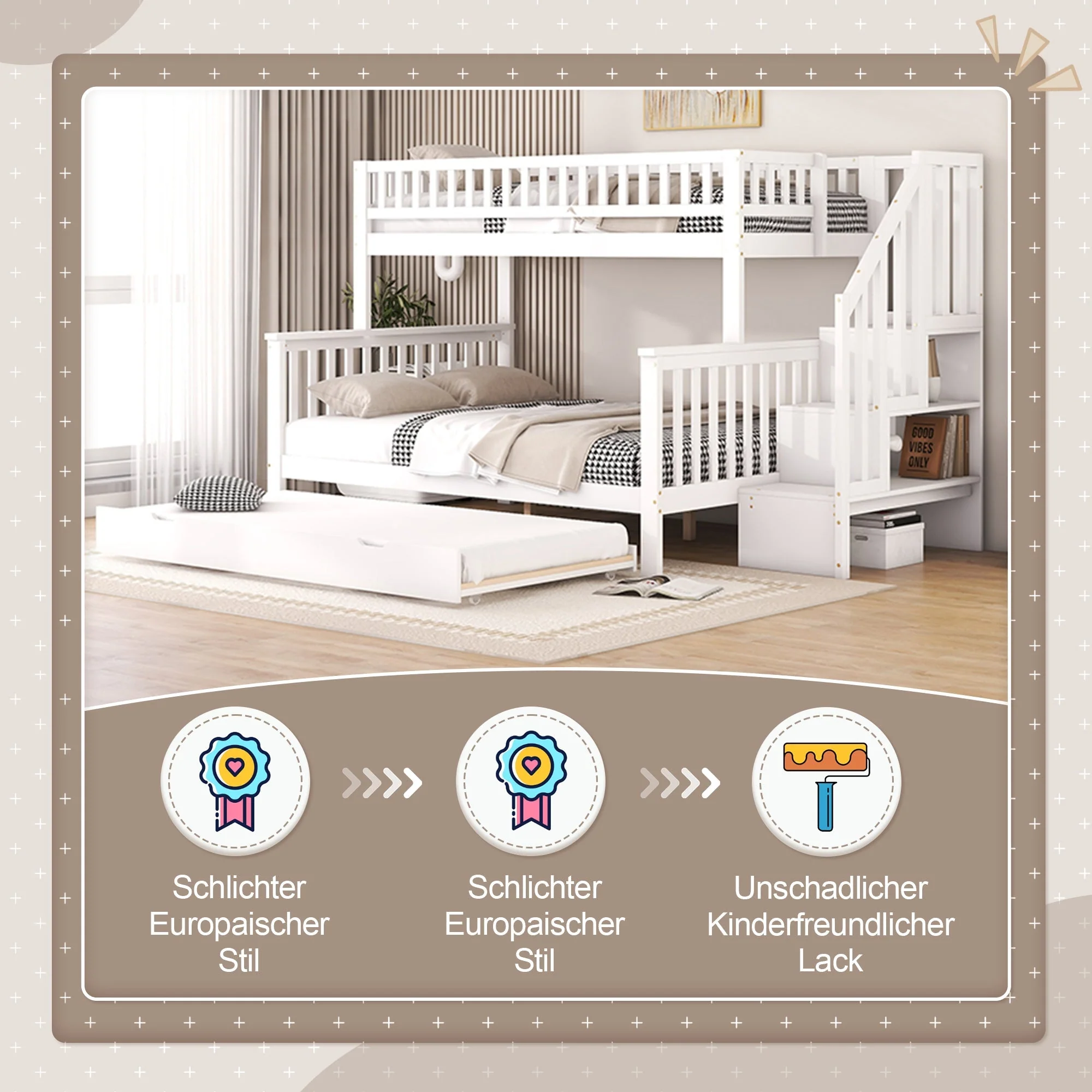Bunk Bed 90x200cm/140x200cm with Stairs & Rolling Container, Pine Wood White - Image 3