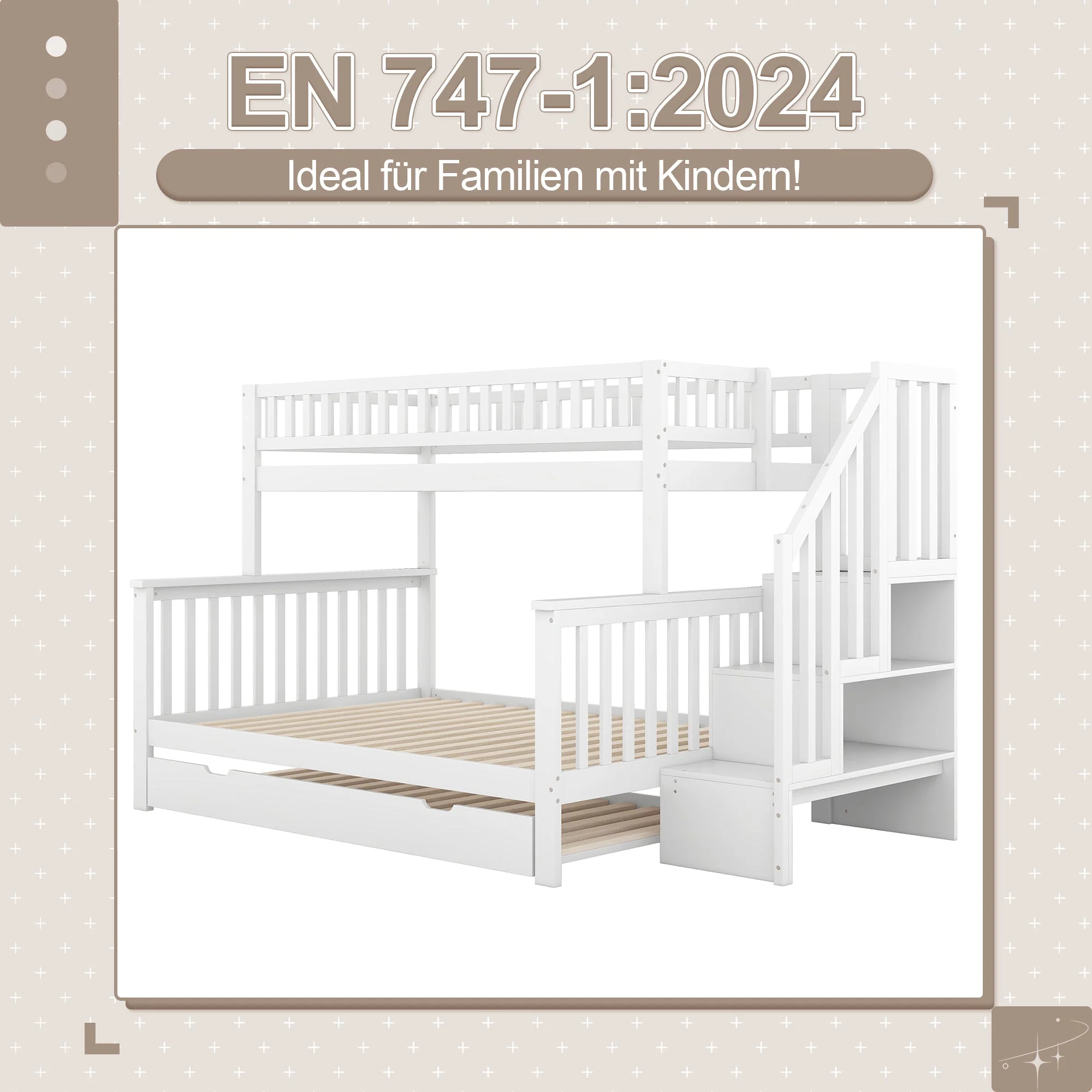 Bunk Bed 90x200cm/140x200cm with Stairs & Rolling Container, Pine Wood White - Image 4
