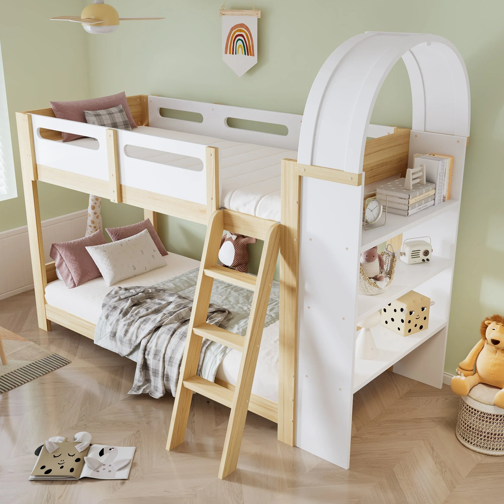 Bunk Bed 90x200cm 3-Tier Shelf Ladder Slatted Base - White/Natural Pine - Image 3