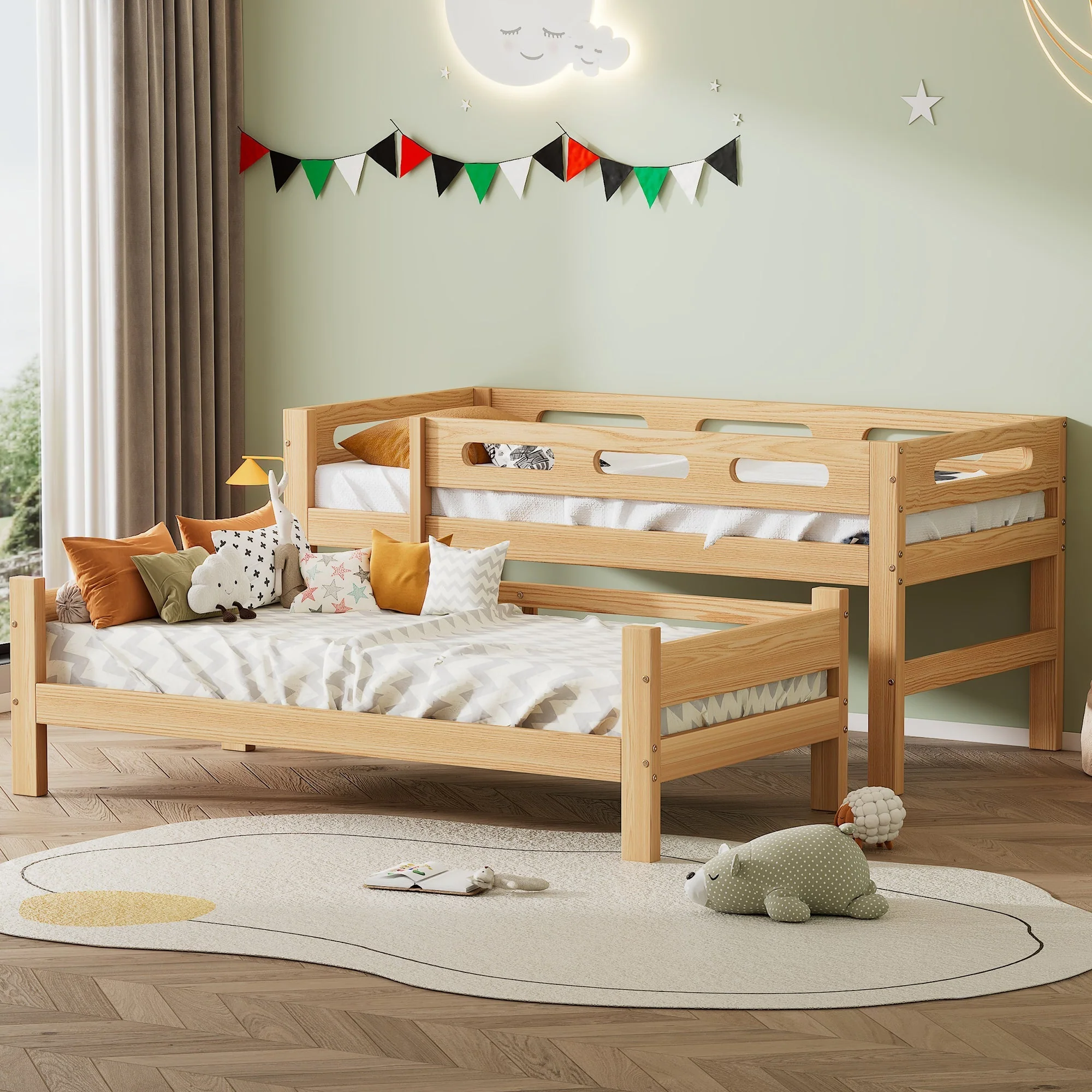 Bunk Bed 90x200cm Divisible 2 Single Beds Sturdy Pine Frame, Natural - Image 3