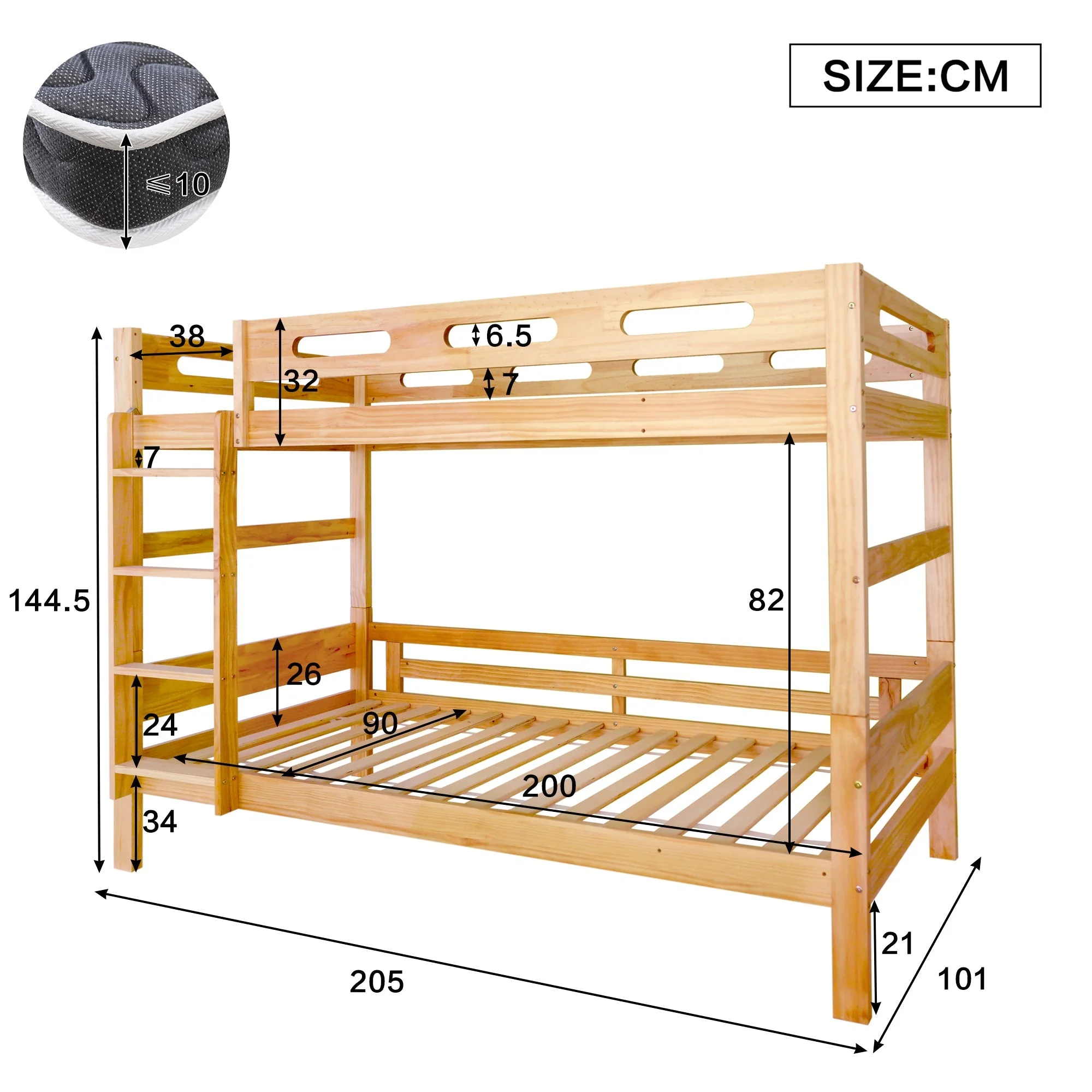 Bunk Bed 90x200cm Divisible 2 Single Beds Sturdy Pine Frame, Natural - Image 4