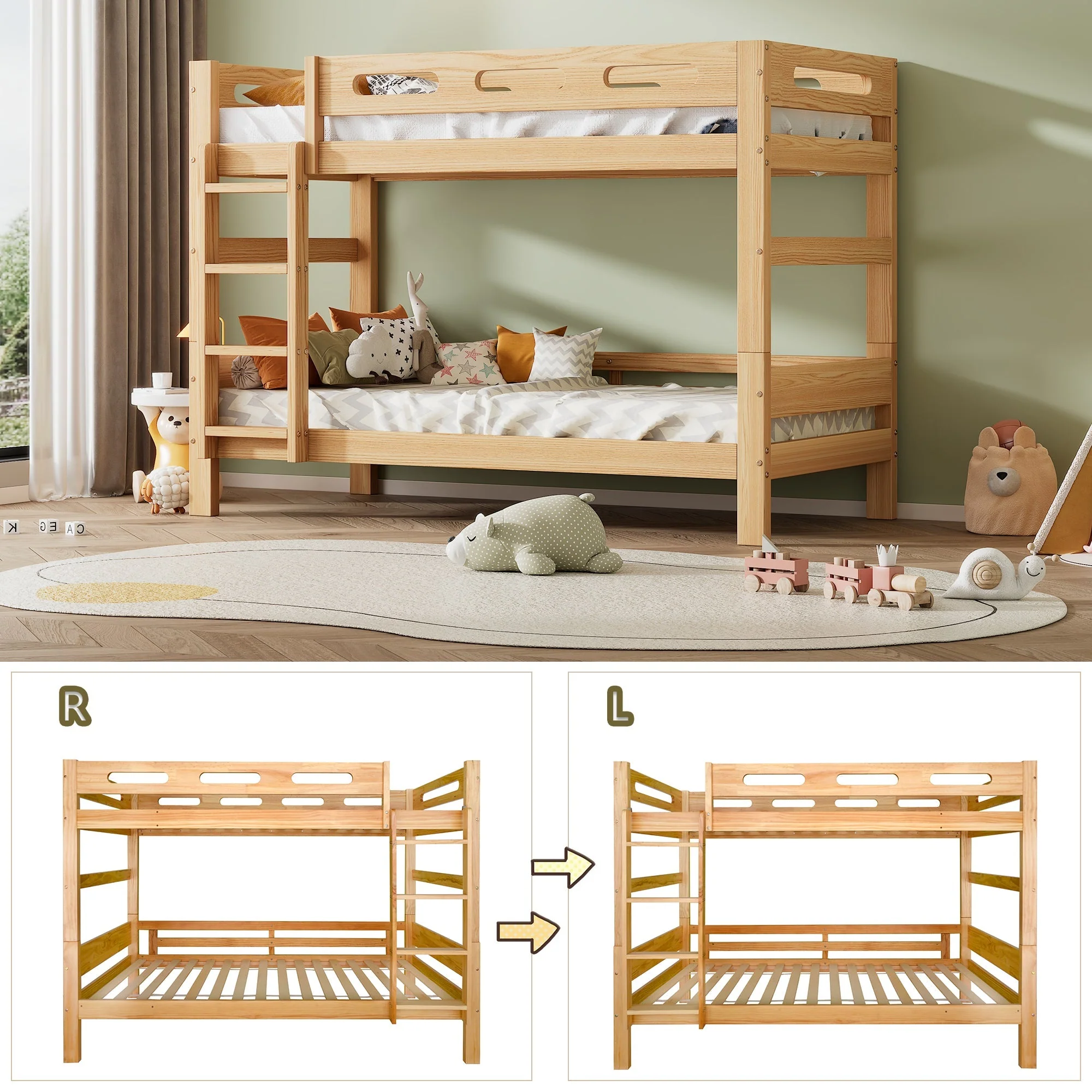 Bunk Bed 90x200cm Divisible 2 Single Beds Sturdy Pine Frame, Natural - Image 5