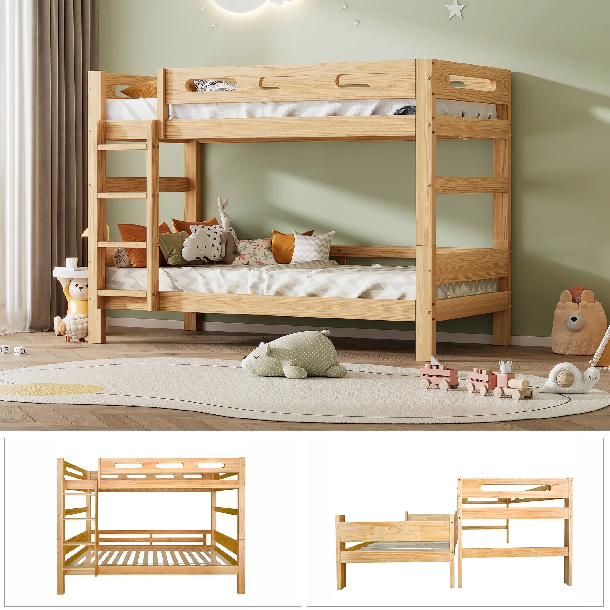 Bunk Bed 90x200cm Divisible 2 Single Beds Sturdy Pine Frame, Natural - Image 7