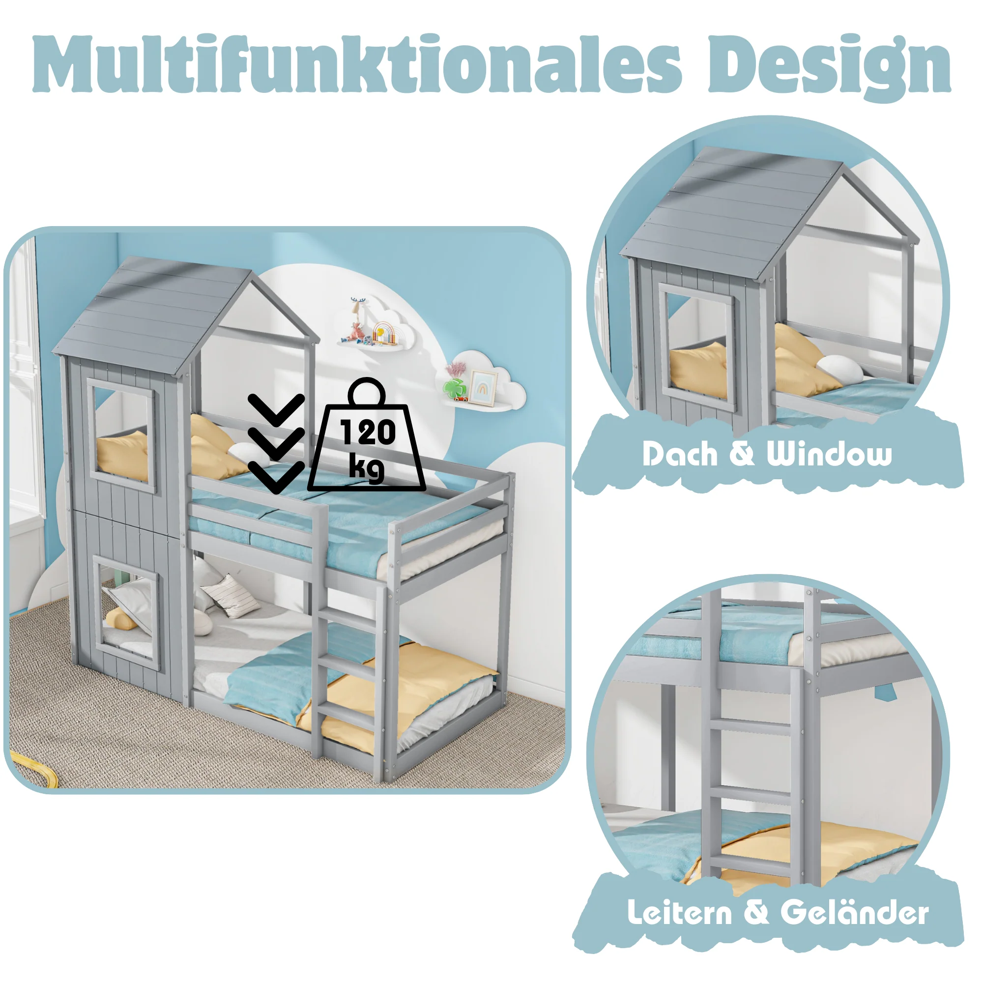 Bunk Bed 90x200cm House Bed with Ladder and Canopy Solid Wood Grey - Image 6