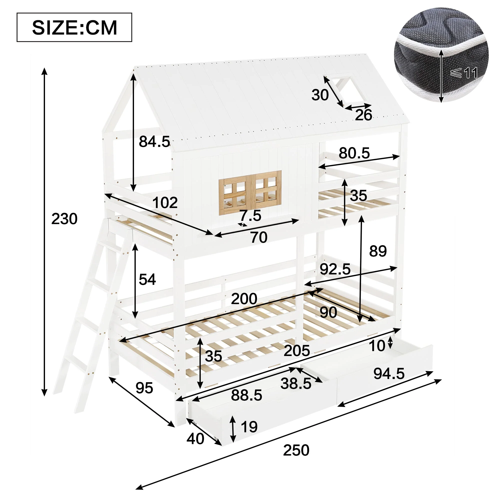 Bunk Bed 90x200cm House Design 2 Drawers Ladder - White/Natural - Image 4