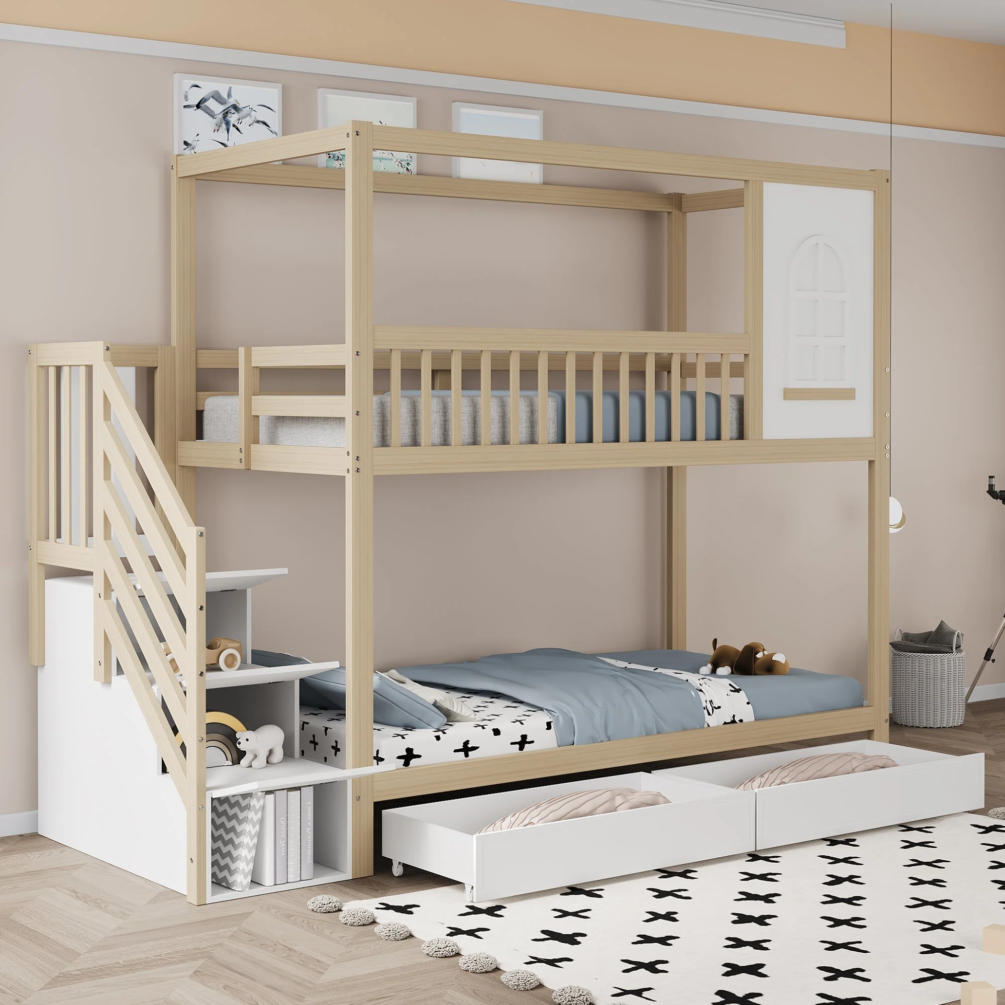 Bunk Bed, 90x200cm House Shape with Drawers & Ladder, Solid Wood, Wood Color