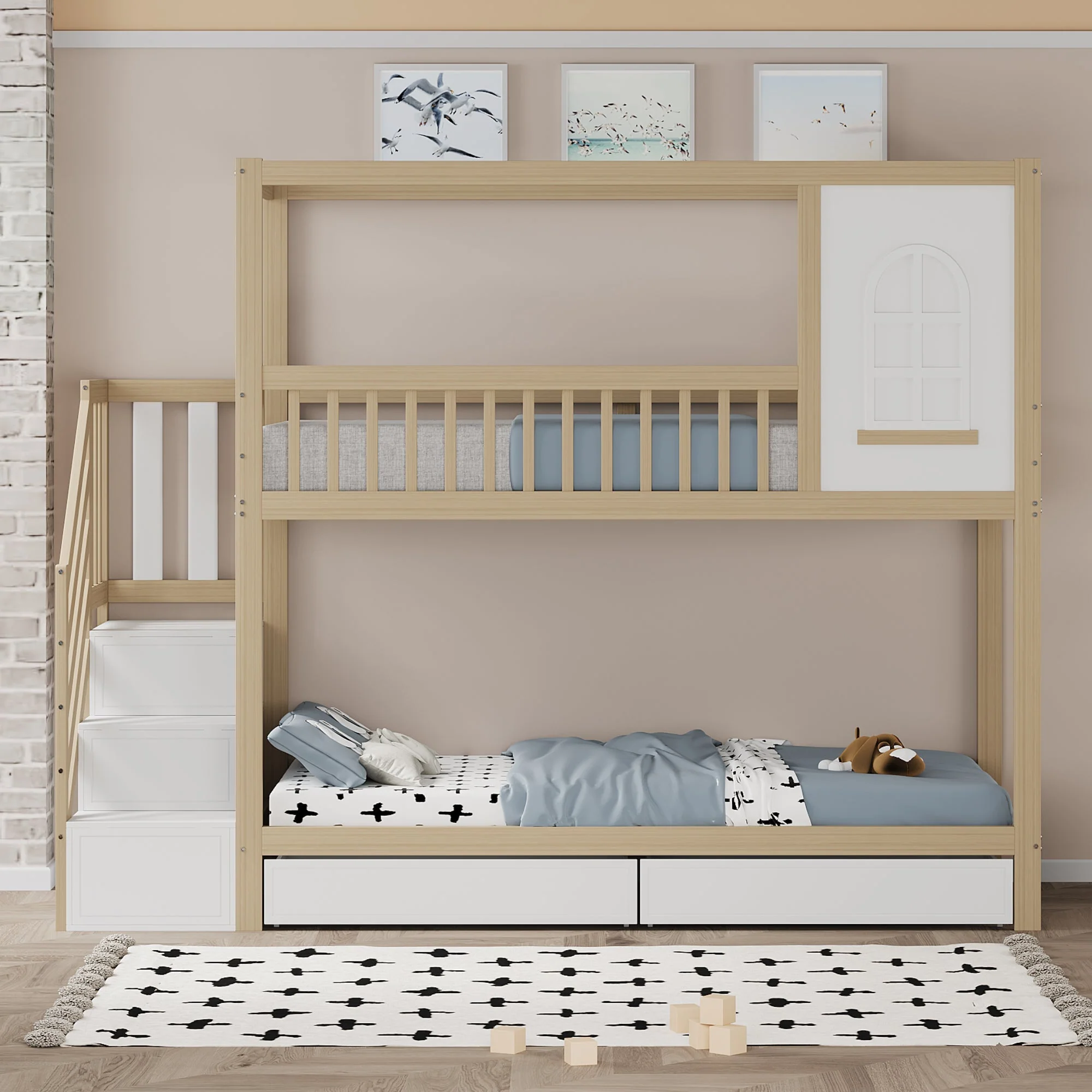 Bunk Bed, 90x200cm House Shape with Drawers & Ladder, Solid Wood, Wood Color - Image 2