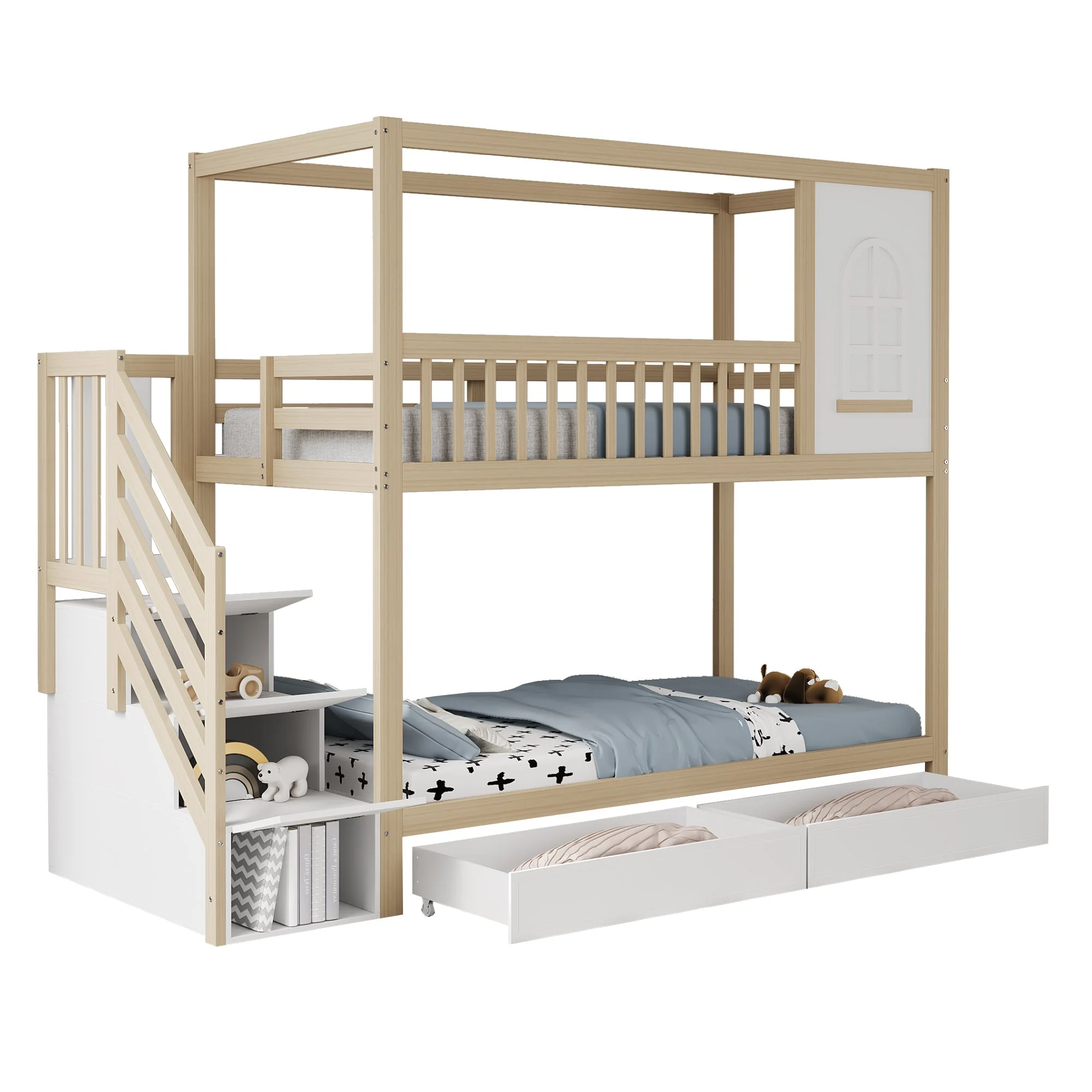 Bunk Bed, 90x200cm House Shape with Drawers & Ladder, Solid Wood, Wood Color - Image 8