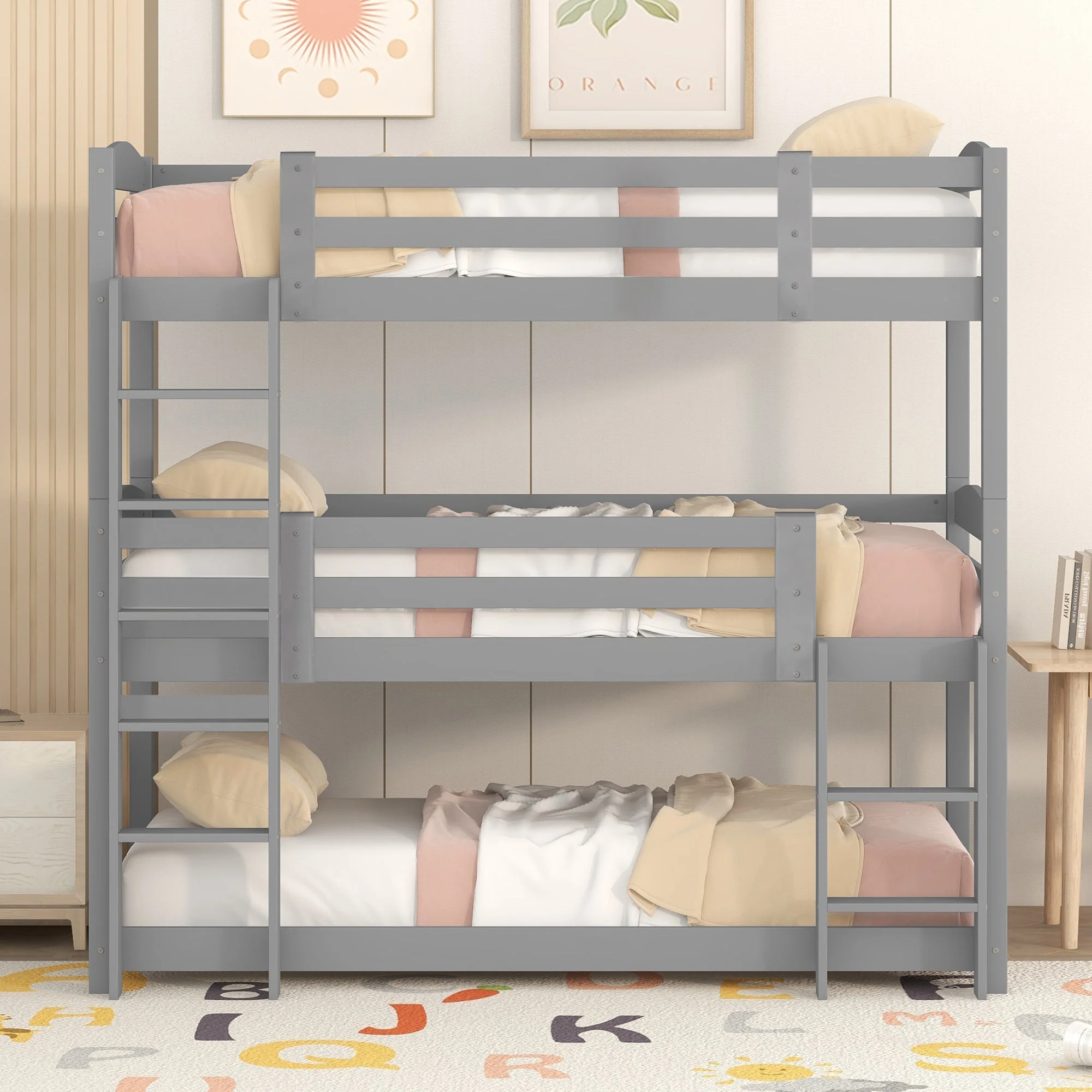 Bunk Bed 90x200cm Single Wooden Triple for Children, Grey - Image 2