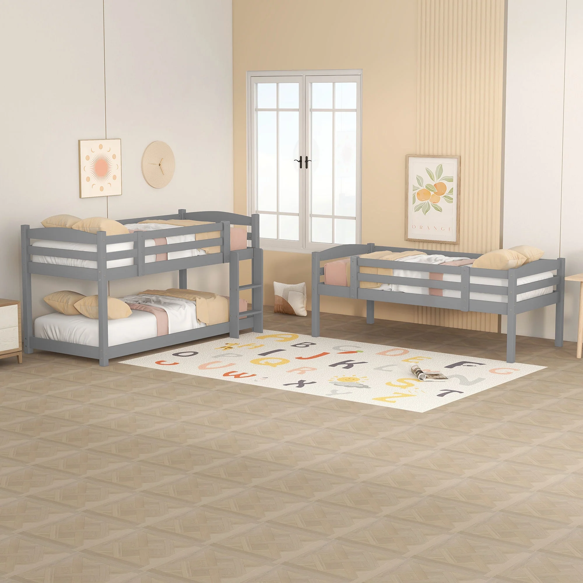 Bunk Bed 90x200cm Single Wooden Triple for Children, Grey - Image 3