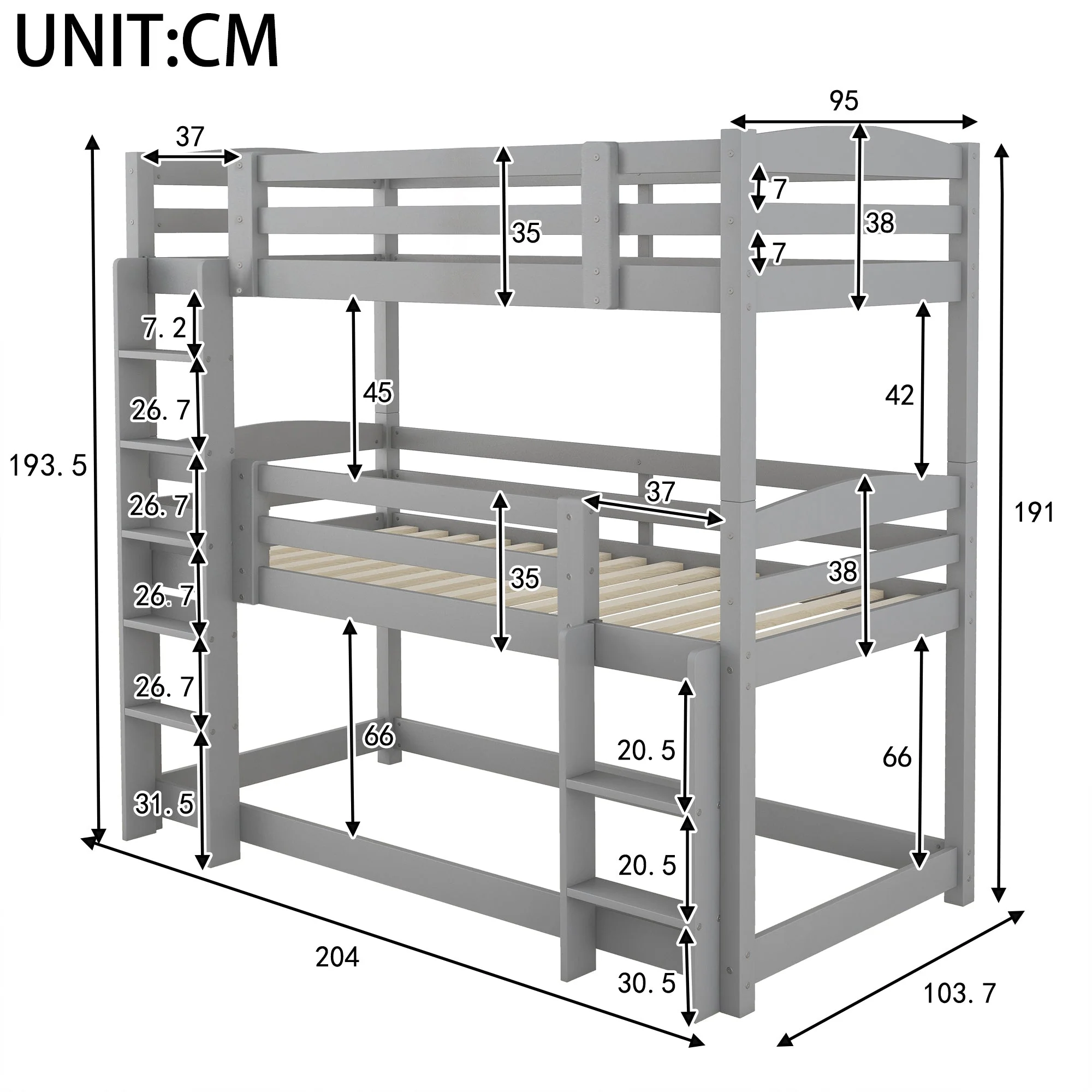 Bunk Bed 90x200cm Single Wooden Triple for Children, Grey - Image 4
