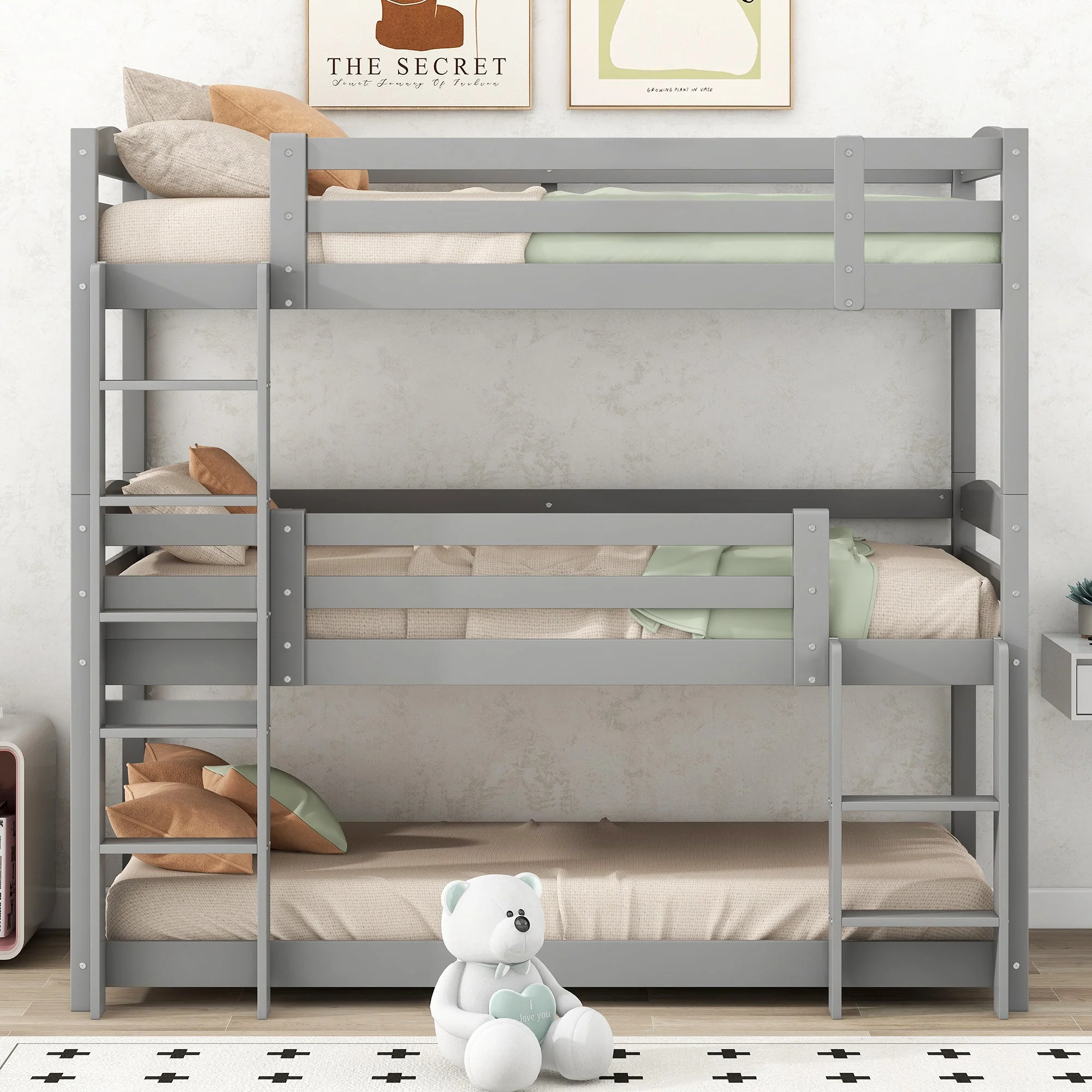 Bunk Bed 90x200cm Single Wooden Triple for Children, Grey - Image 5