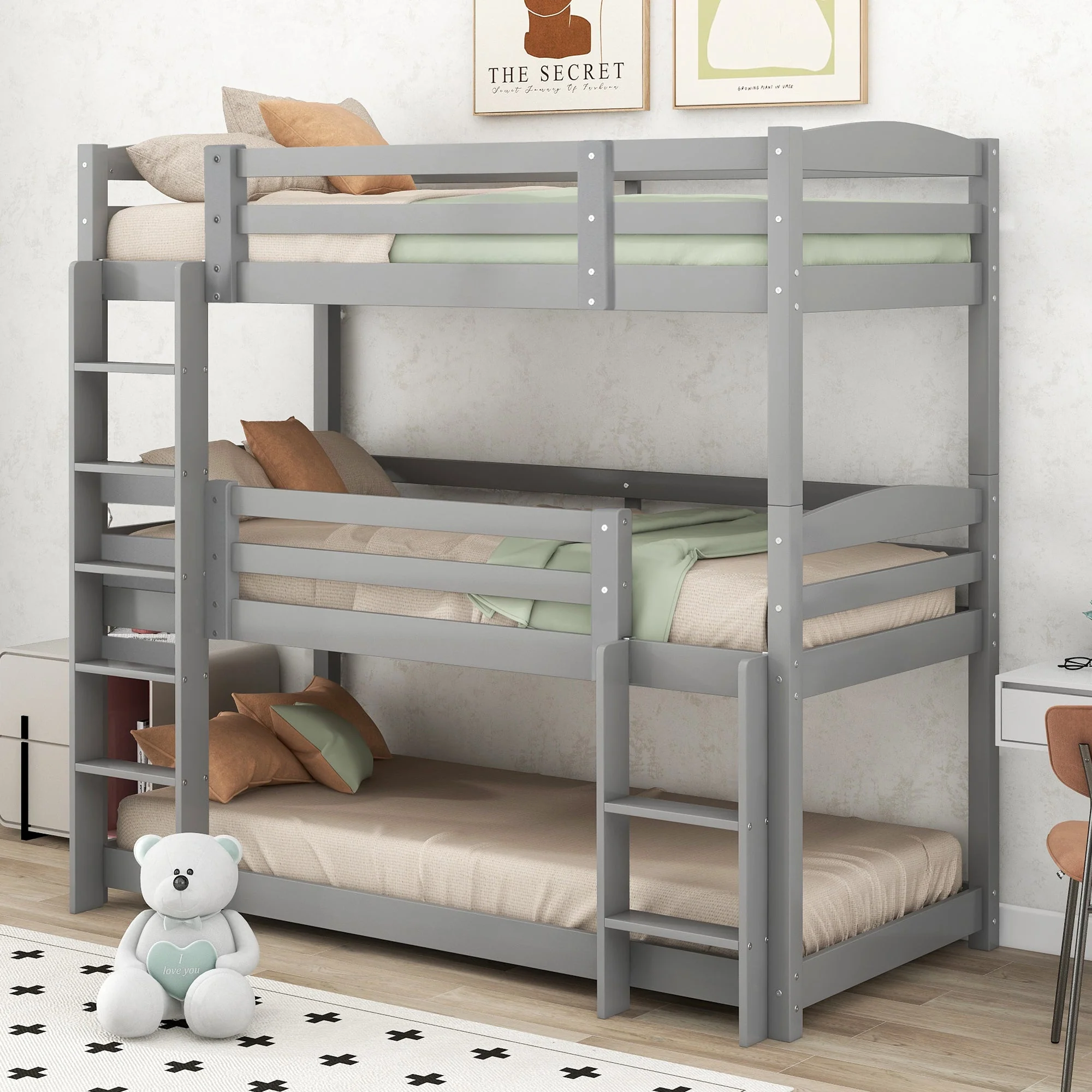 Bunk Bed 90x200cm Single Wooden Triple for Children, Grey - Image 6