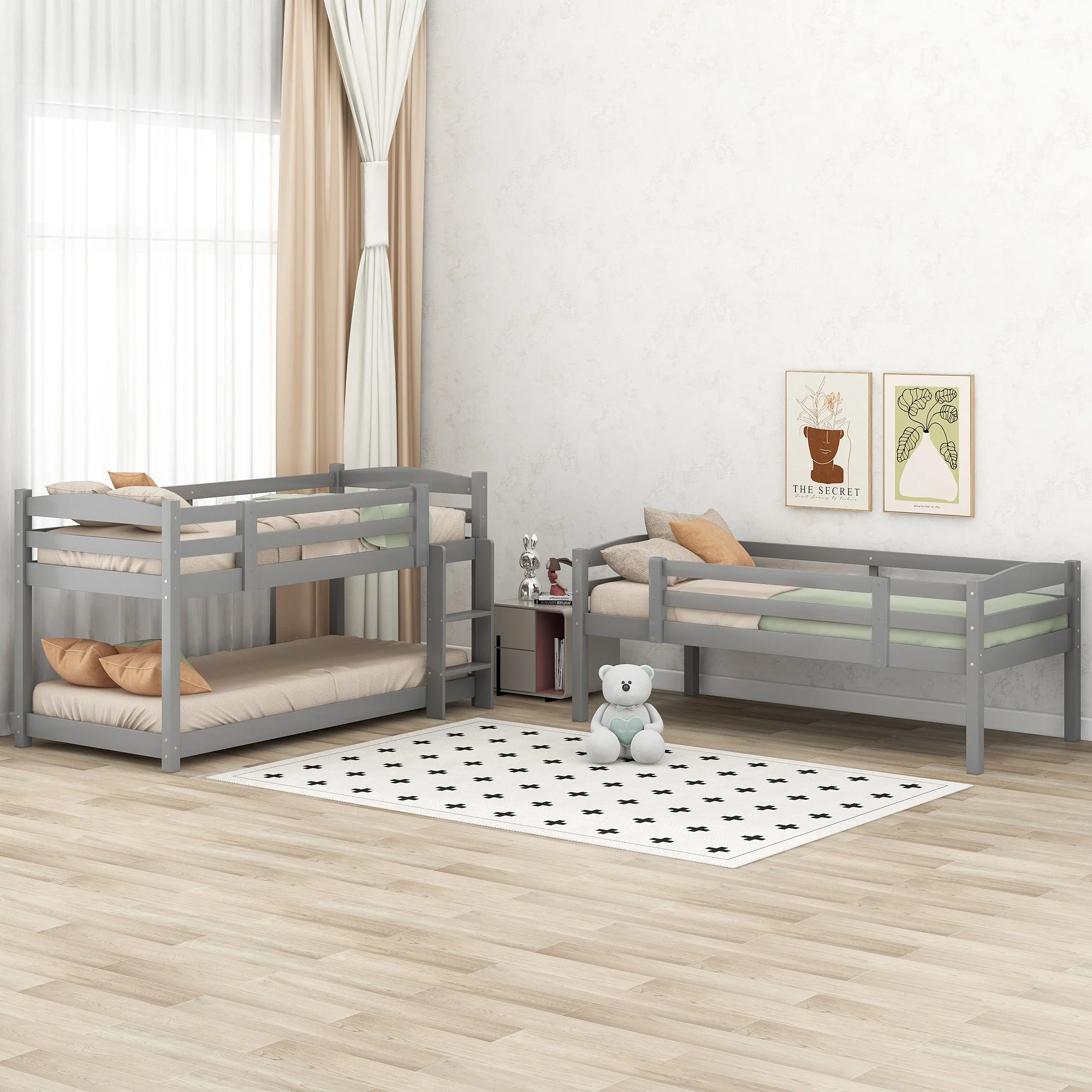 Bunk Bed 90x200cm Single Wooden Triple for Children, Grey - Image 7