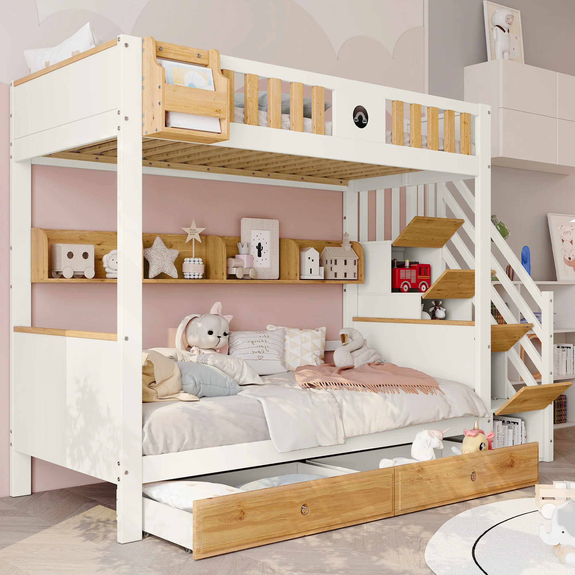 Bunk Bed 90x200cm Storage Stairs Drawers Pine/MDF White+Natural - Image 3
