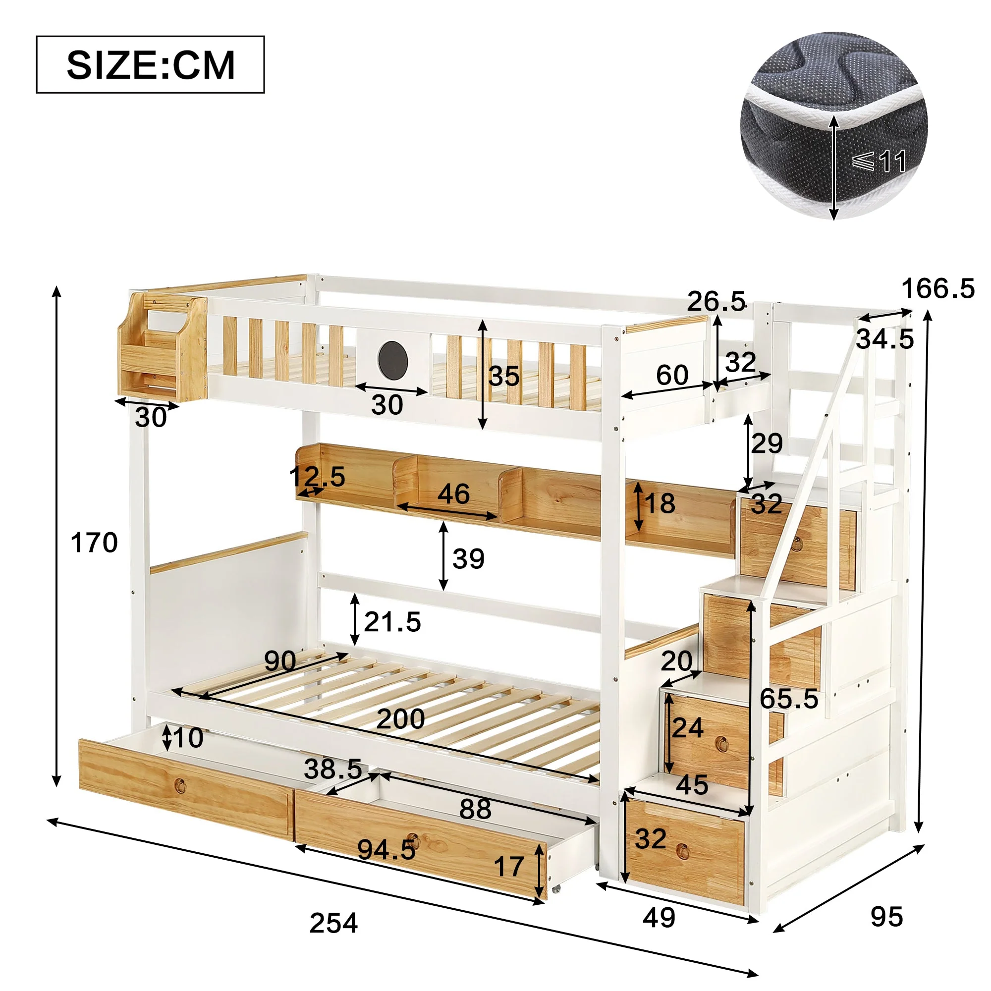 Bunk Bed 90x200cm Storage Stairs Drawers Pine/MDF White+Natural - Image 4