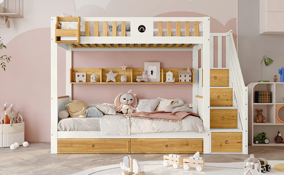 Bunk Bed 90x200cm Storage Stairs Drawers Pine/MDF White+Natural - Image 7