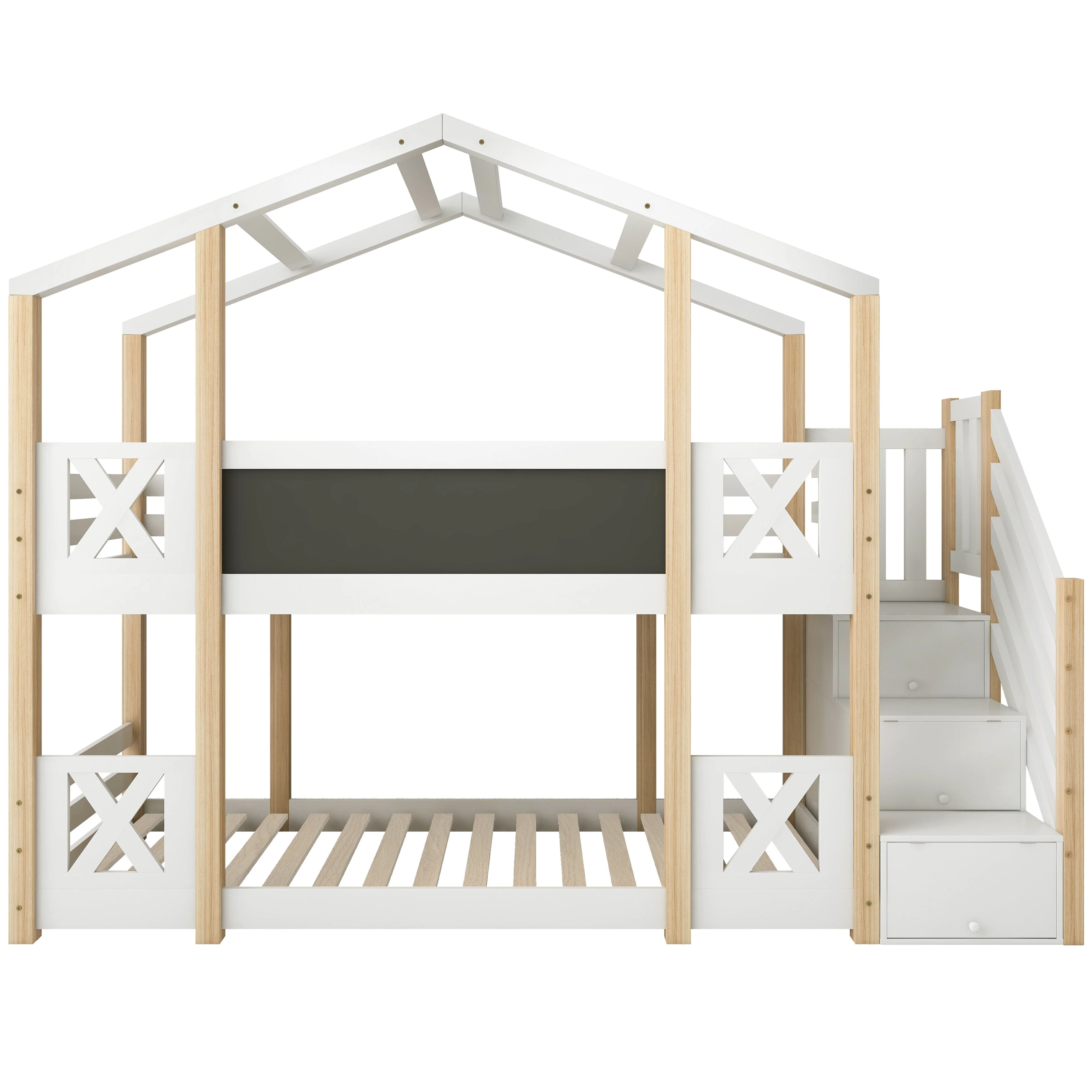Bunk Bed 90x200cm Tree House Loft with Stairs & Fall Protection, Natural & White - Image 10