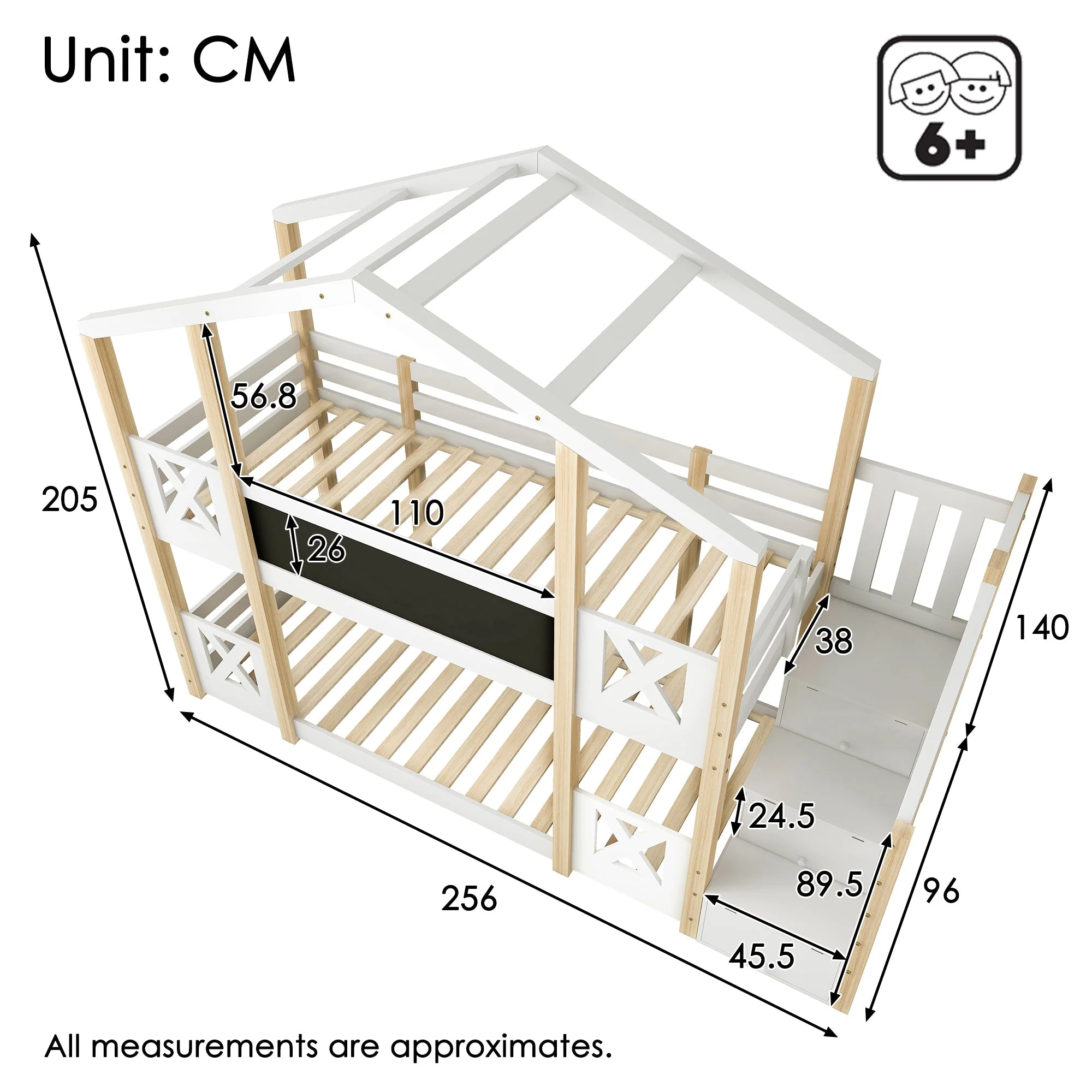 Bunk Bed 90x200cm Tree House Loft with Stairs & Fall Protection, Natural & White - Image 2