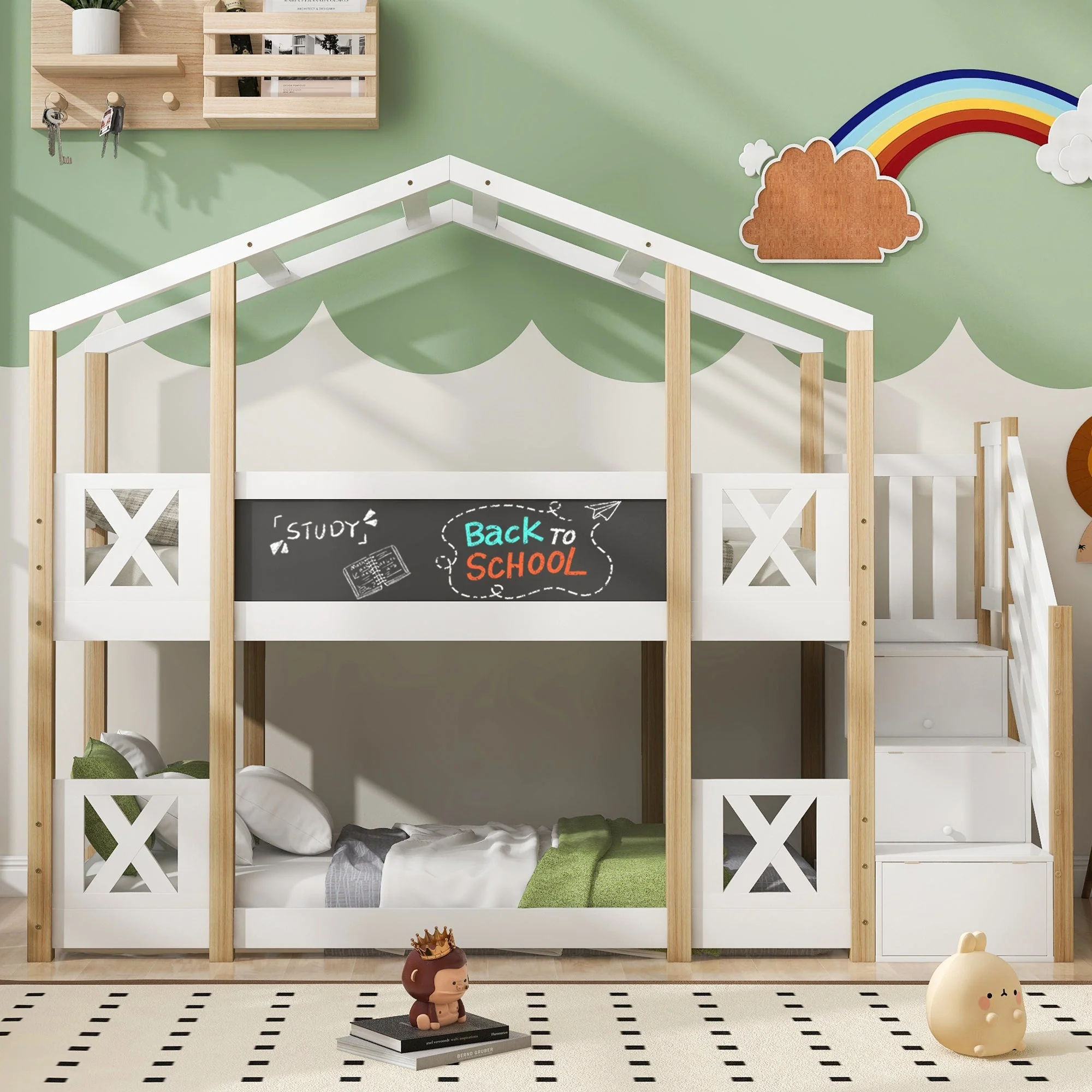 Bunk Bed 90x200cm Tree House Loft with Stairs & Fall Protection, Natural & White - Image 3