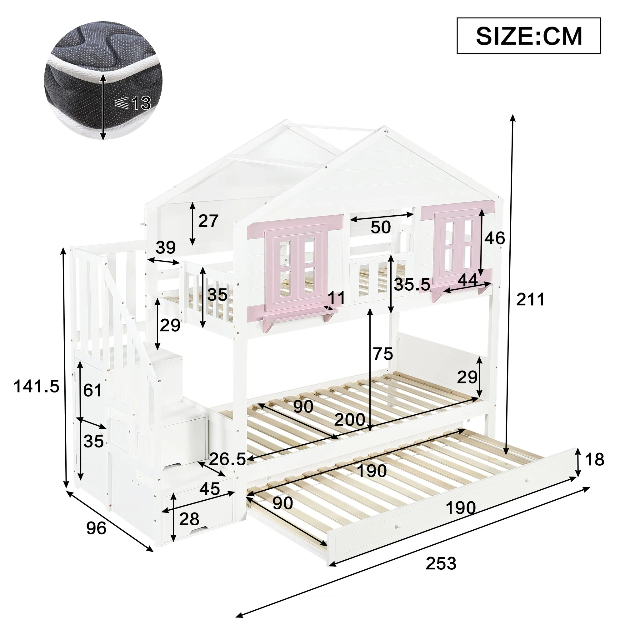 Bunk Bed 90x200cm Trundle Clothes Hanging House Design - White/Pink - Image 6