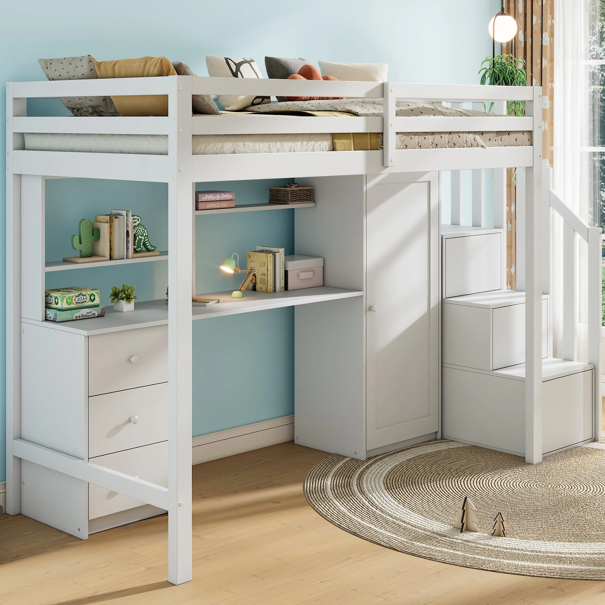 Bunk Bed 90x200cm with Desk, Wardrobe, Stair Storage - White - Image 2
