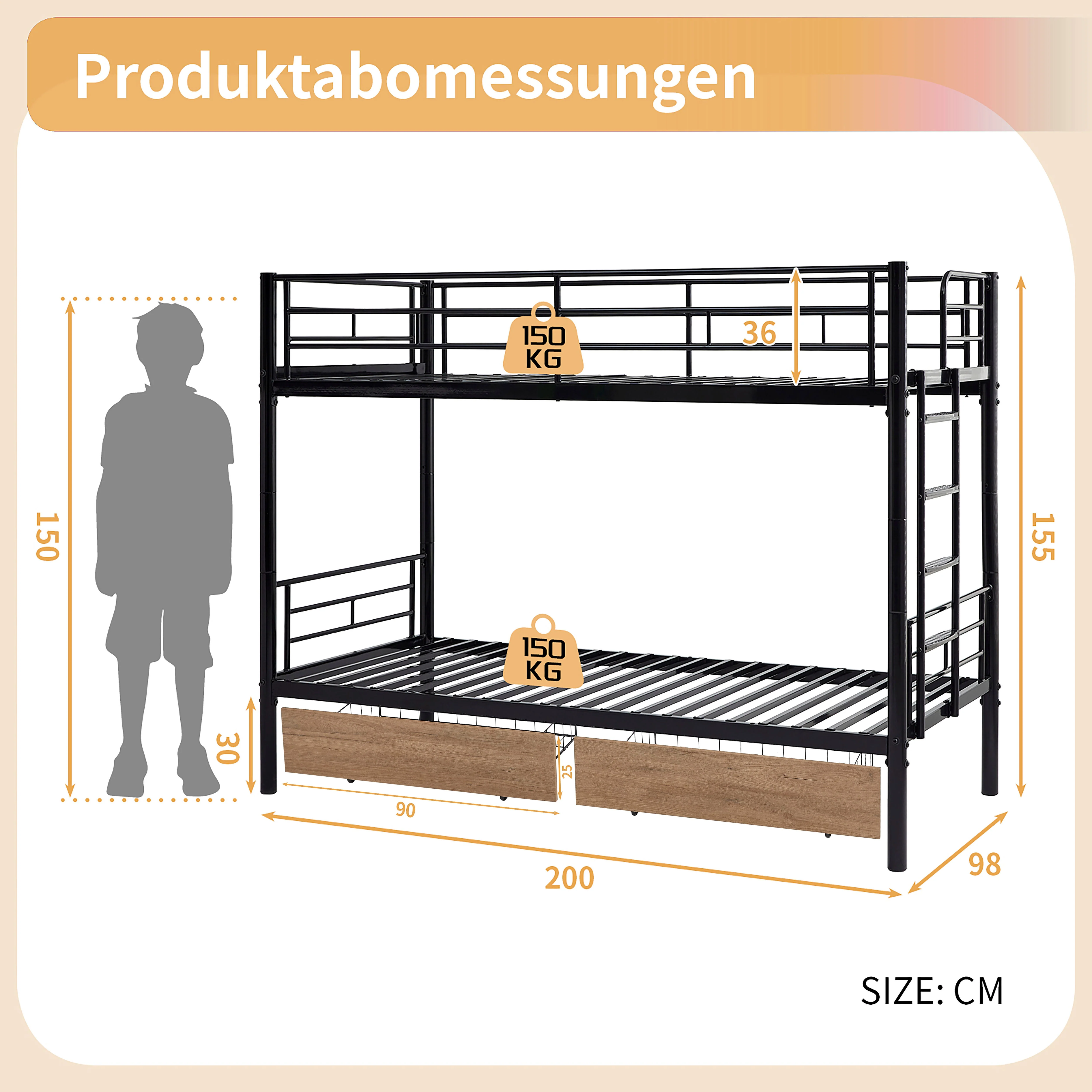 Bunk Bed 90x200cm with Drawers, Convertible to Single Beds, Black Metal - Image 2