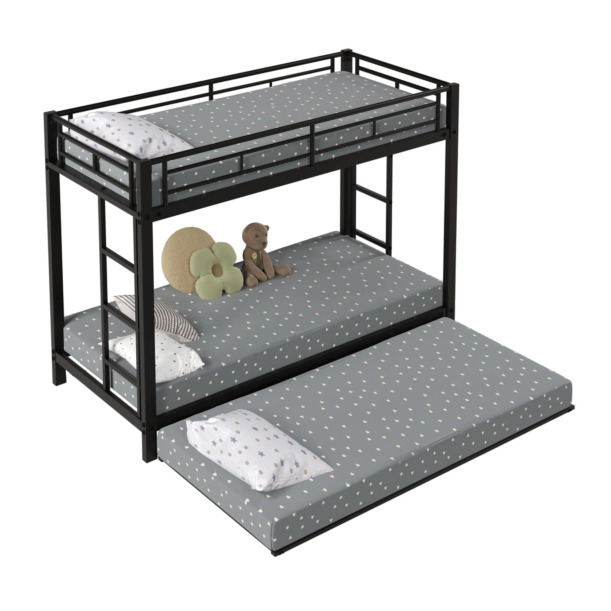 Bunk Bed 90x200cm with Pull-Out Bed Safety Railings EN747 Certified - Black Iron Frame - Image 5