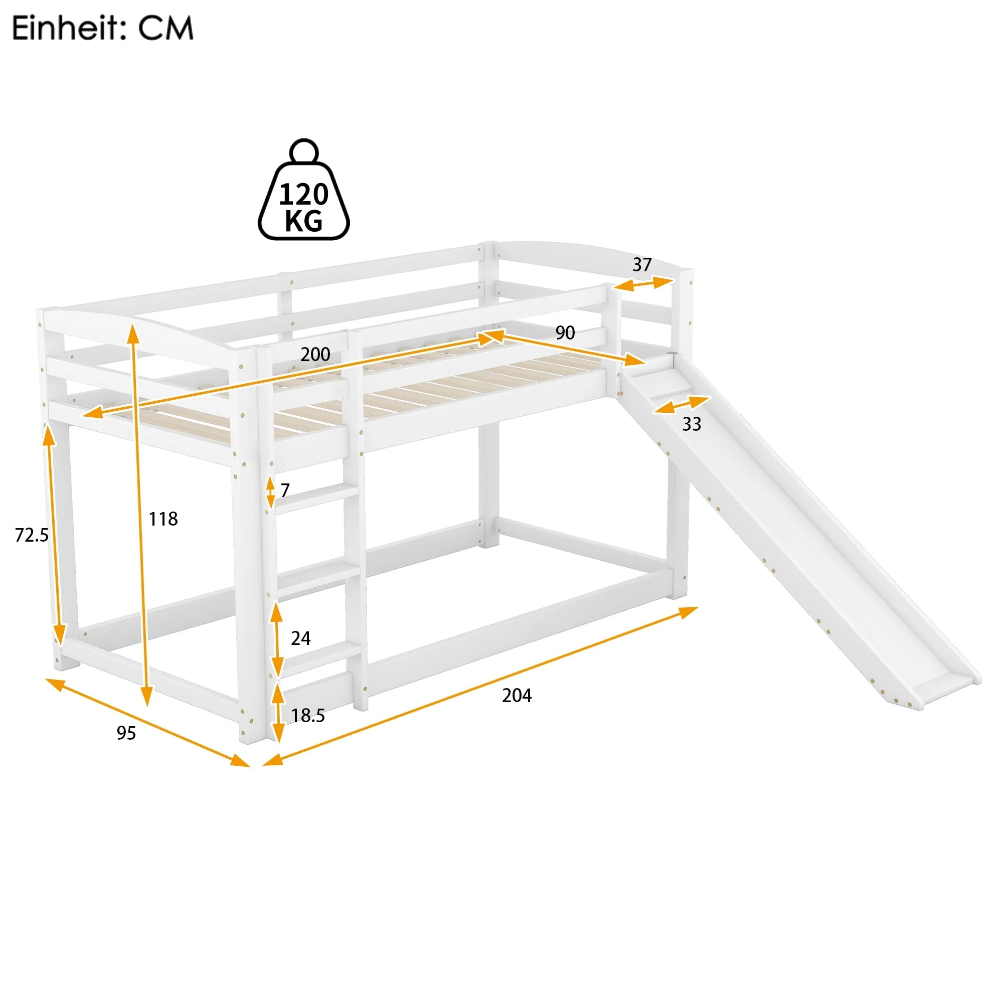 Bunk Bed 90x200cm with Slide, Solid Wood Frame for Kids & Teens, White - Image 5