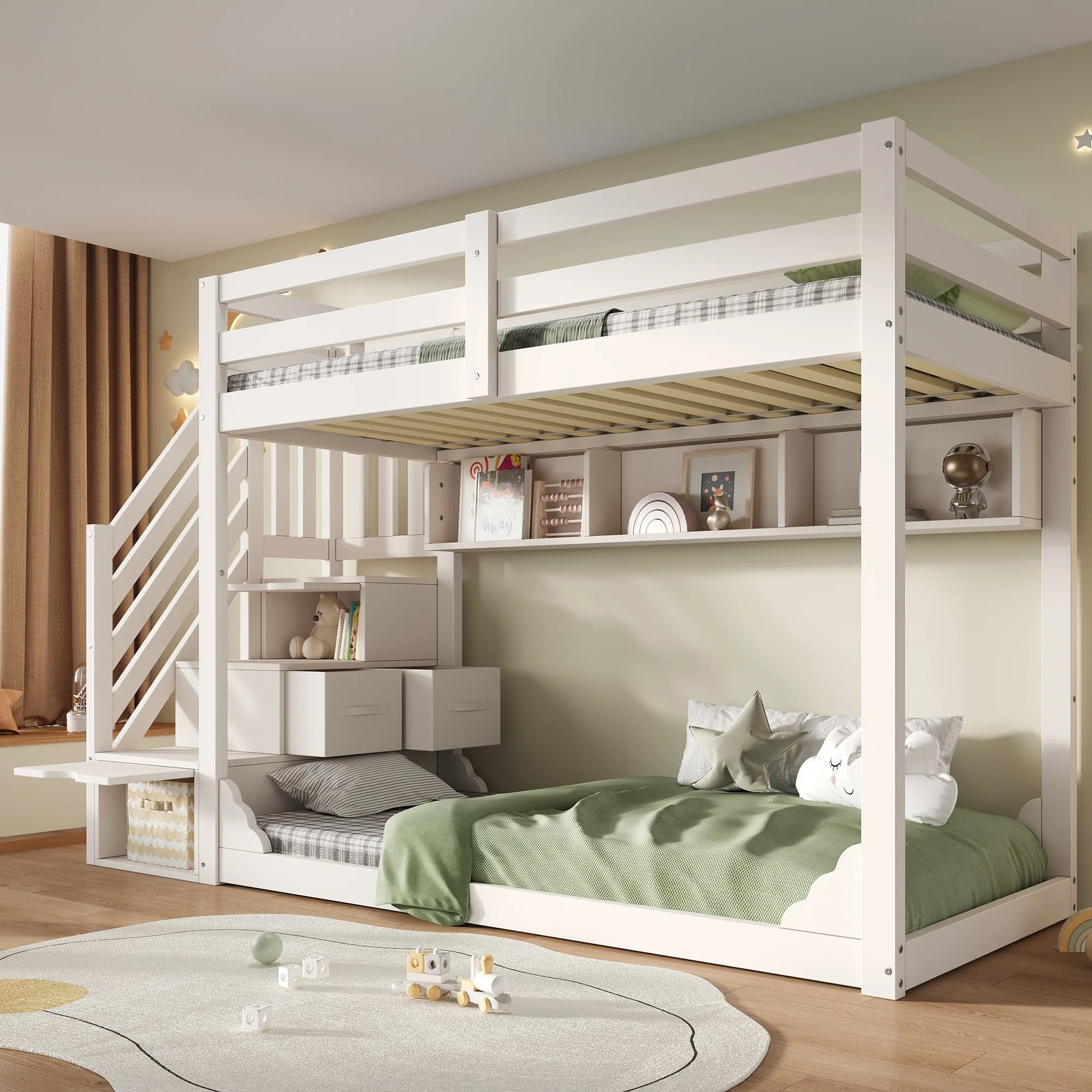 Bunk Bed 90x200cm with Staircase Storage & Safety Railing - White Wood