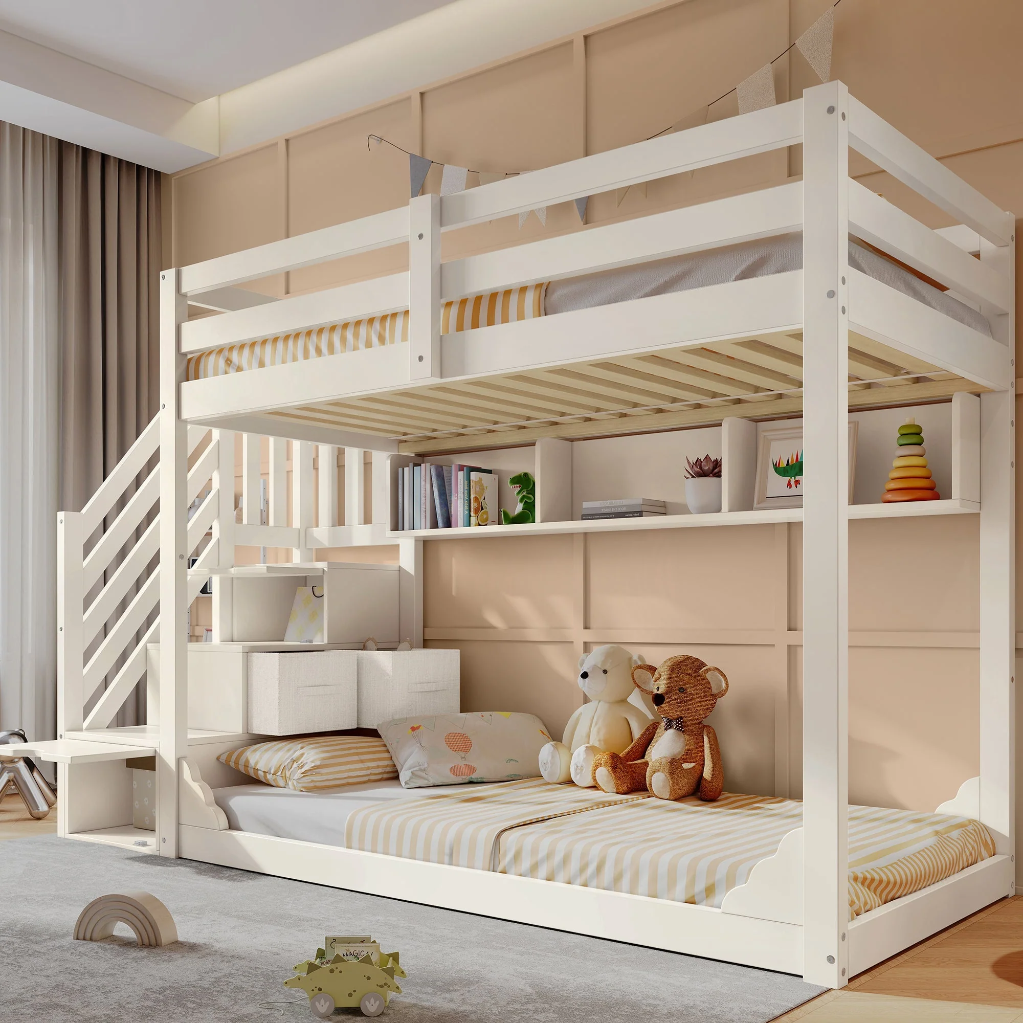 Bunk Bed 90x200cm with Staircase Storage & Safety Railing - White Wood - Image 7