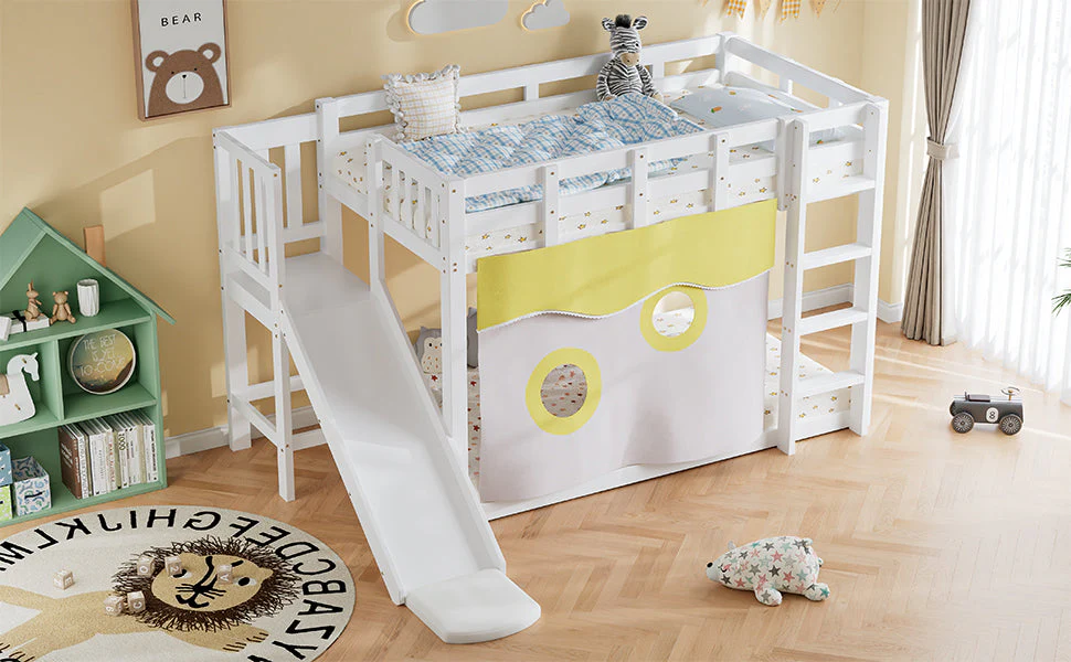 Bunk Bed 90x200cm with Stairs Slide and Curtain - White MDF/Pine - Image 10