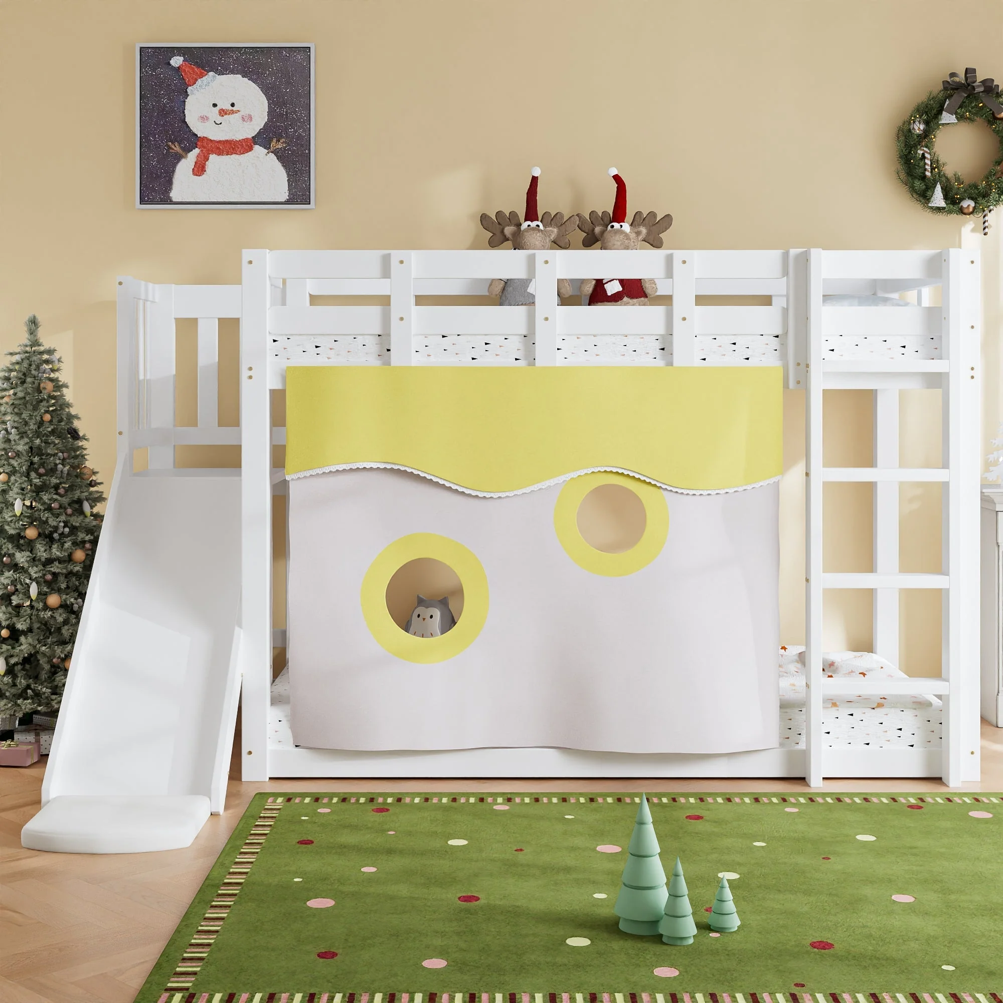 Bunk Bed 90x200cm with Stairs Slide and Curtain - White MDF/Pine - Image 3