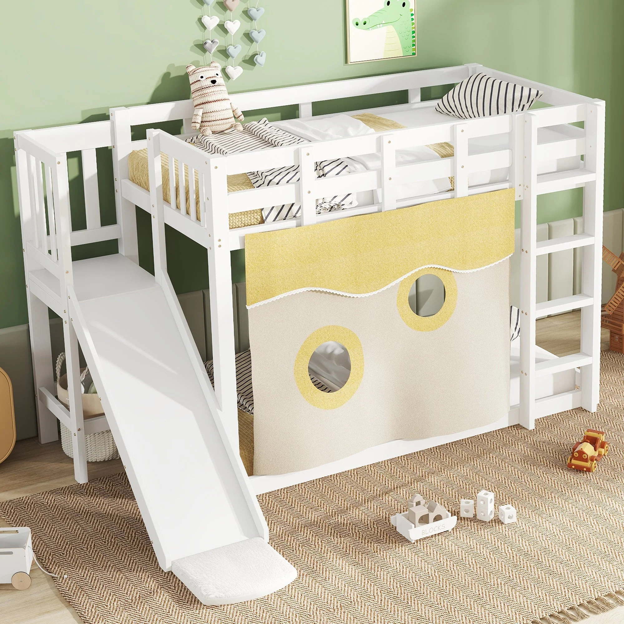 Bunk Bed 90x200cm with Stairs Slide and Curtain - White MDF/Pine - Image 4