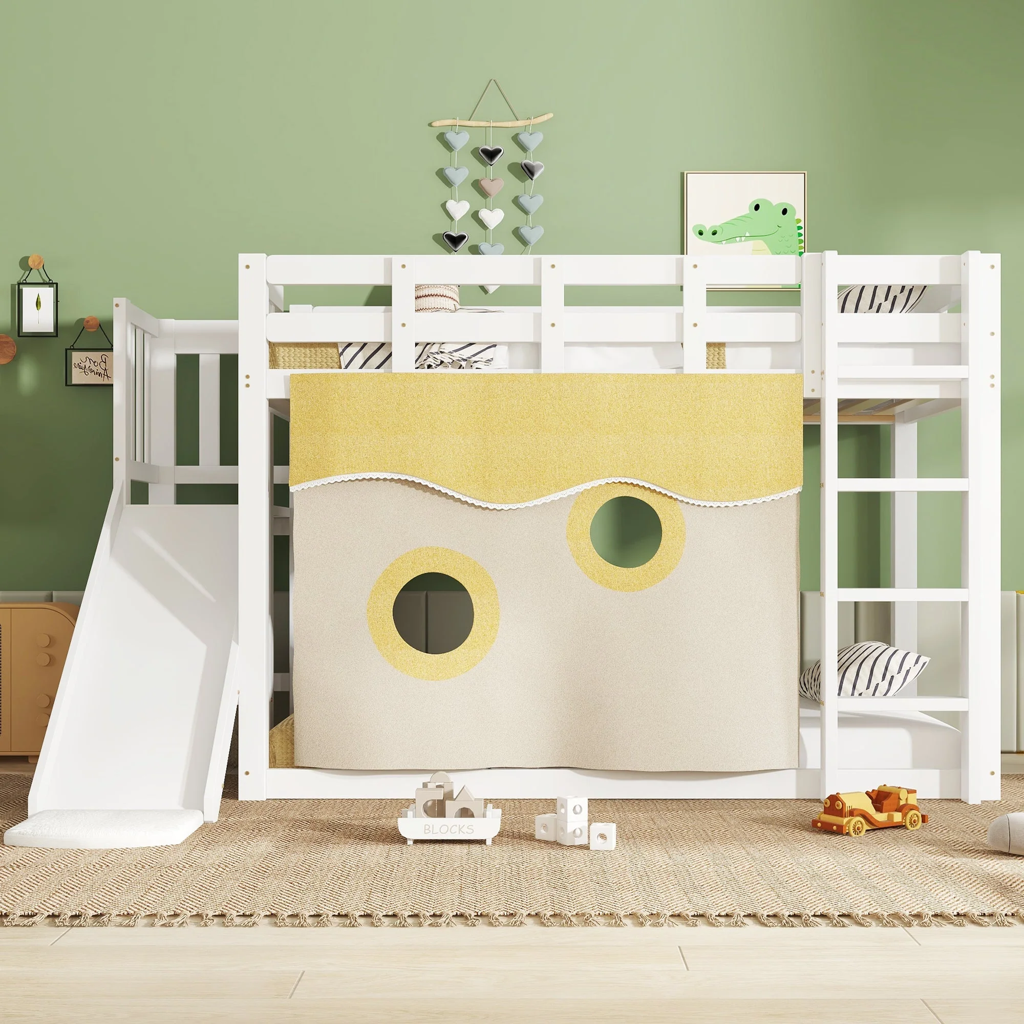 Bunk Bed 90x200cm with Stairs Slide and Curtain - White MDF/Pine - Image 5