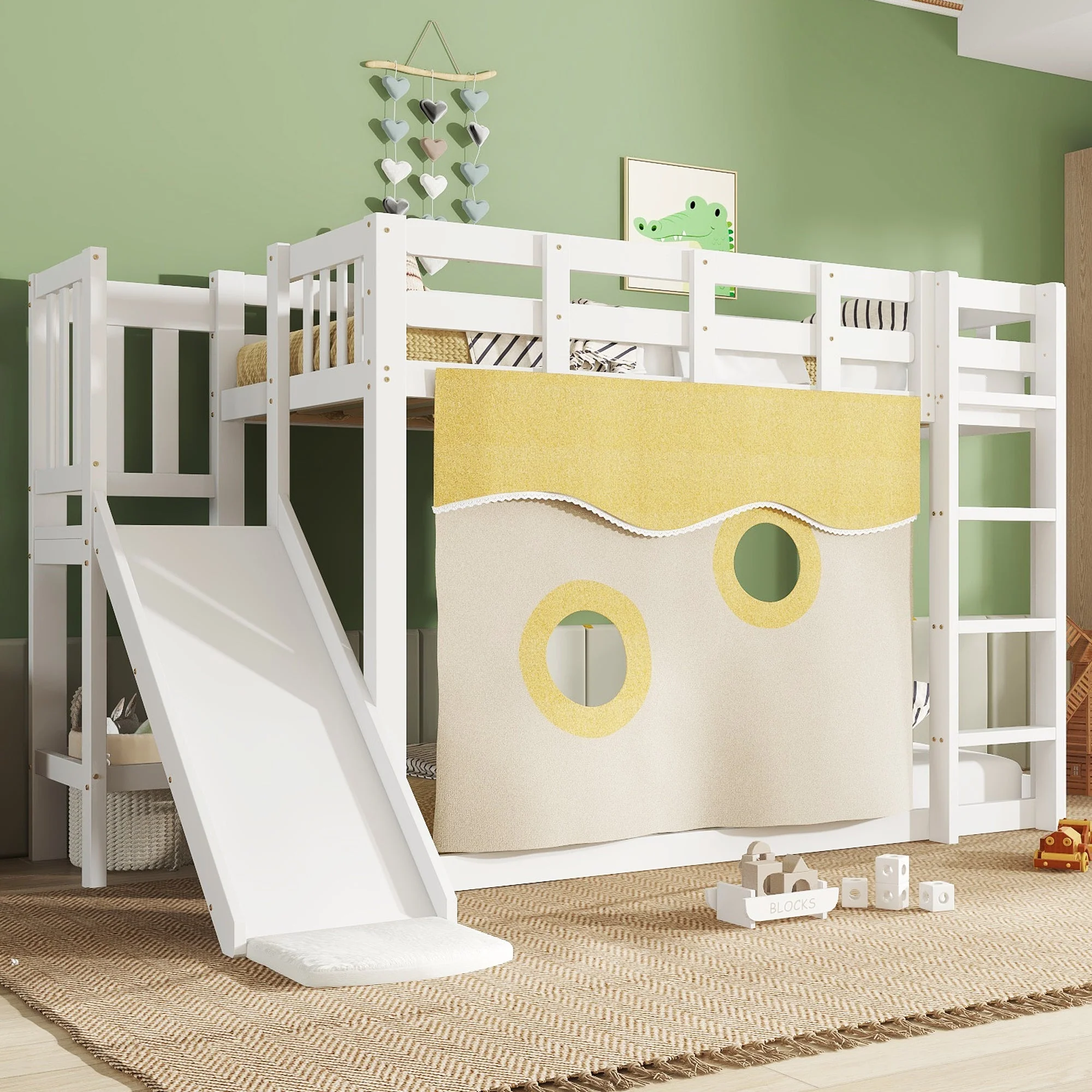 Bunk Bed 90x200cm with Stairs Slide and Curtain - White MDF/Pine - Image 6