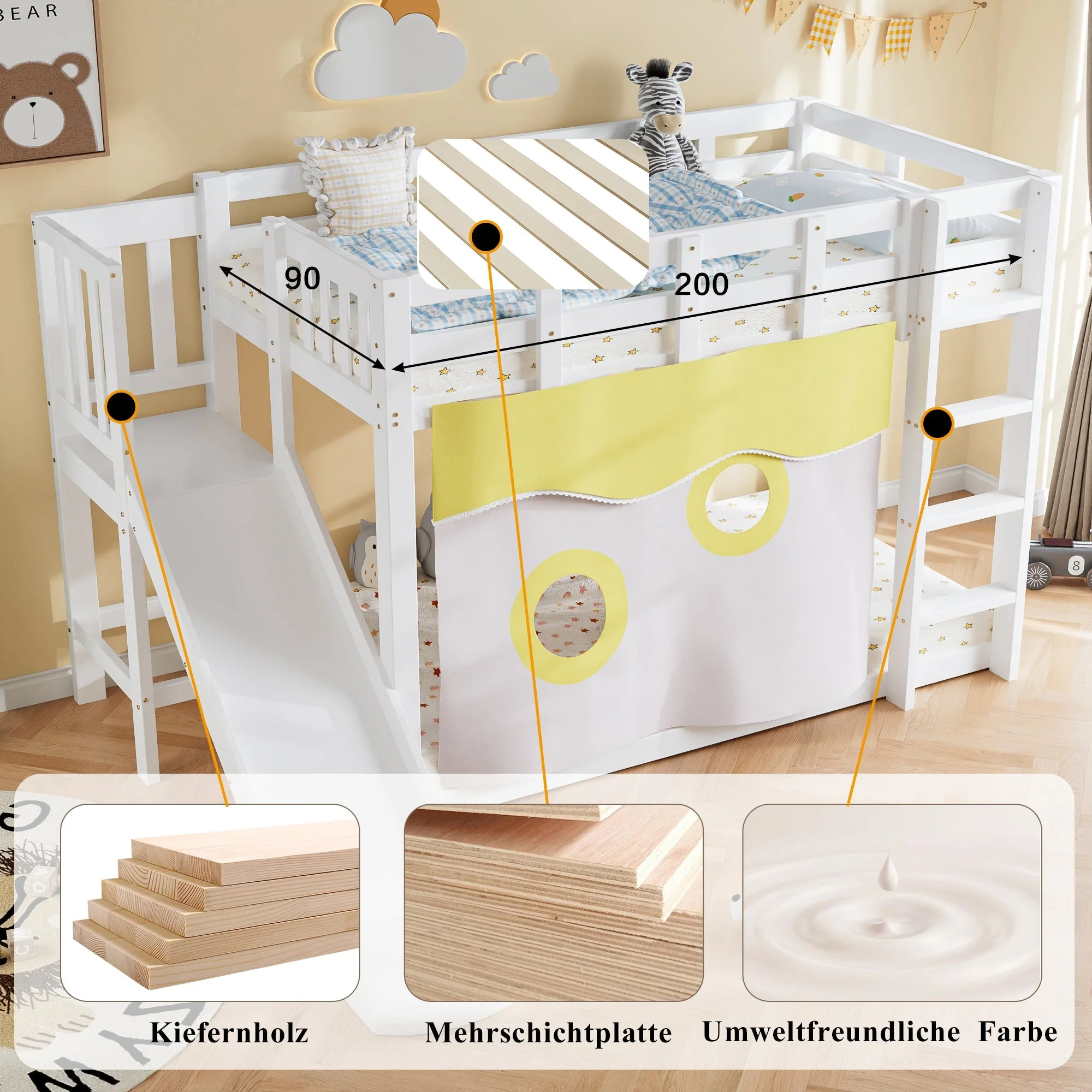 Bunk Bed 90x200cm with Stairs Slide and Curtain - White MDF/Pine - Image 8