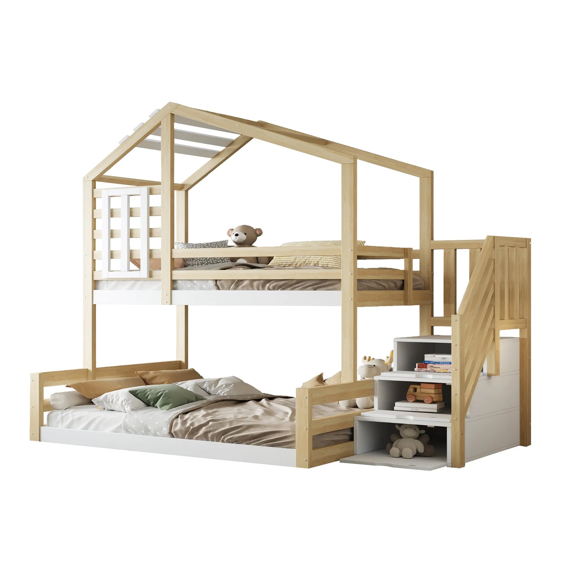 Bunk Bed 90x200cm with Window Railing Storage Steps Natural Pine Wood - Image 8