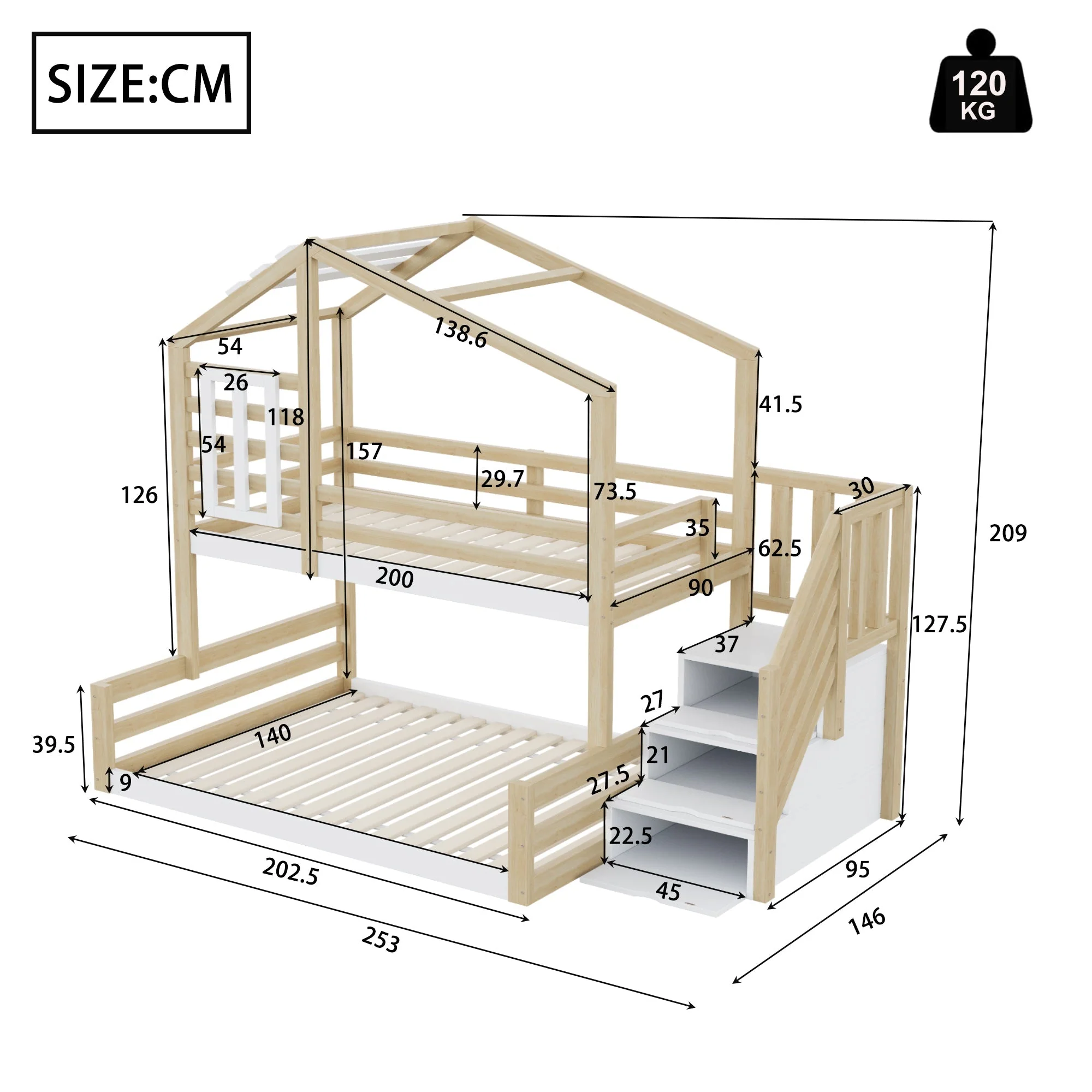 Bunk Bed 90x200cm with Window Railing Storage Steps Natural Pine Wood - Image 9