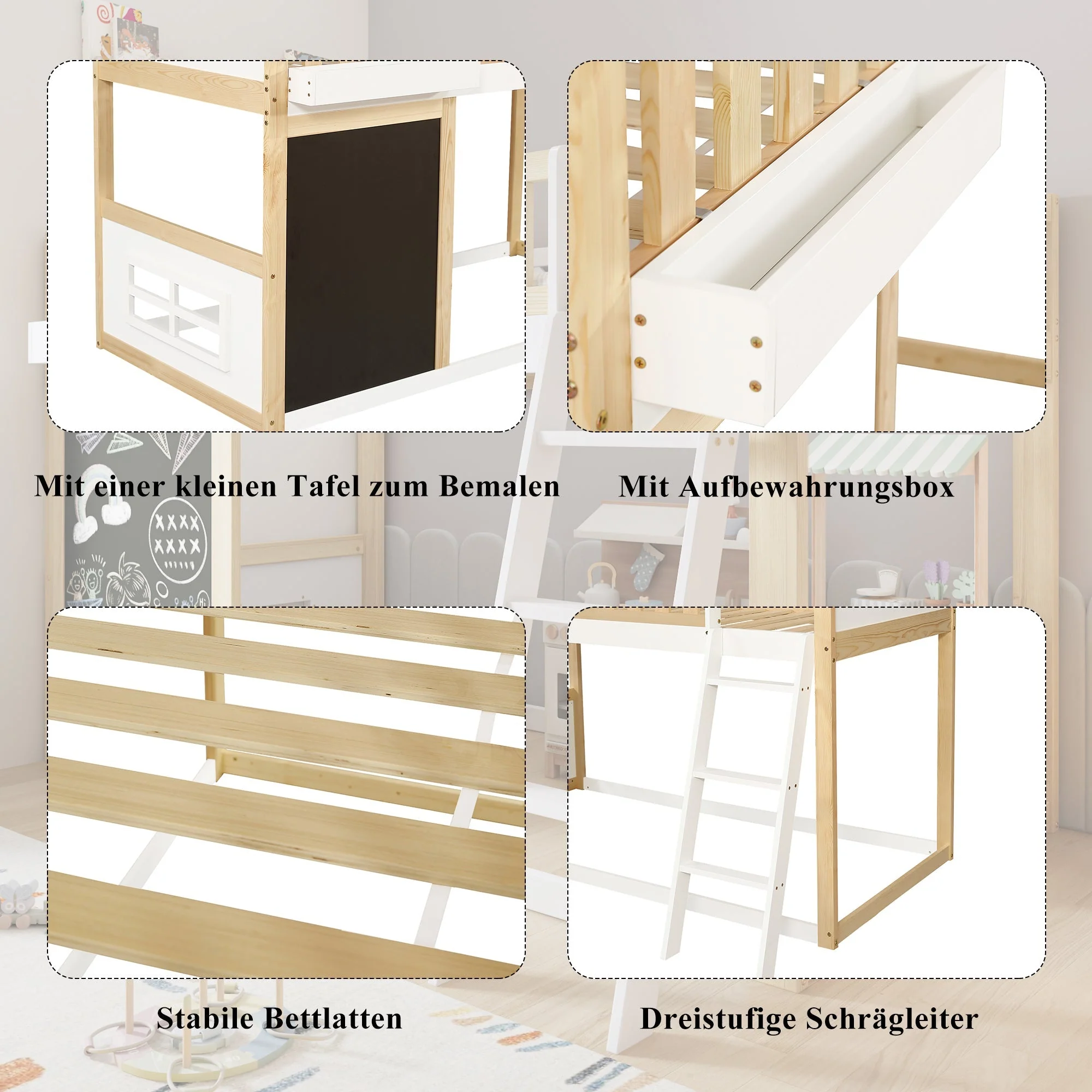 Bunk Bed Chalkboard Storage Safety Railing Pine + MDF White/Natural 90x200cm - Image 5