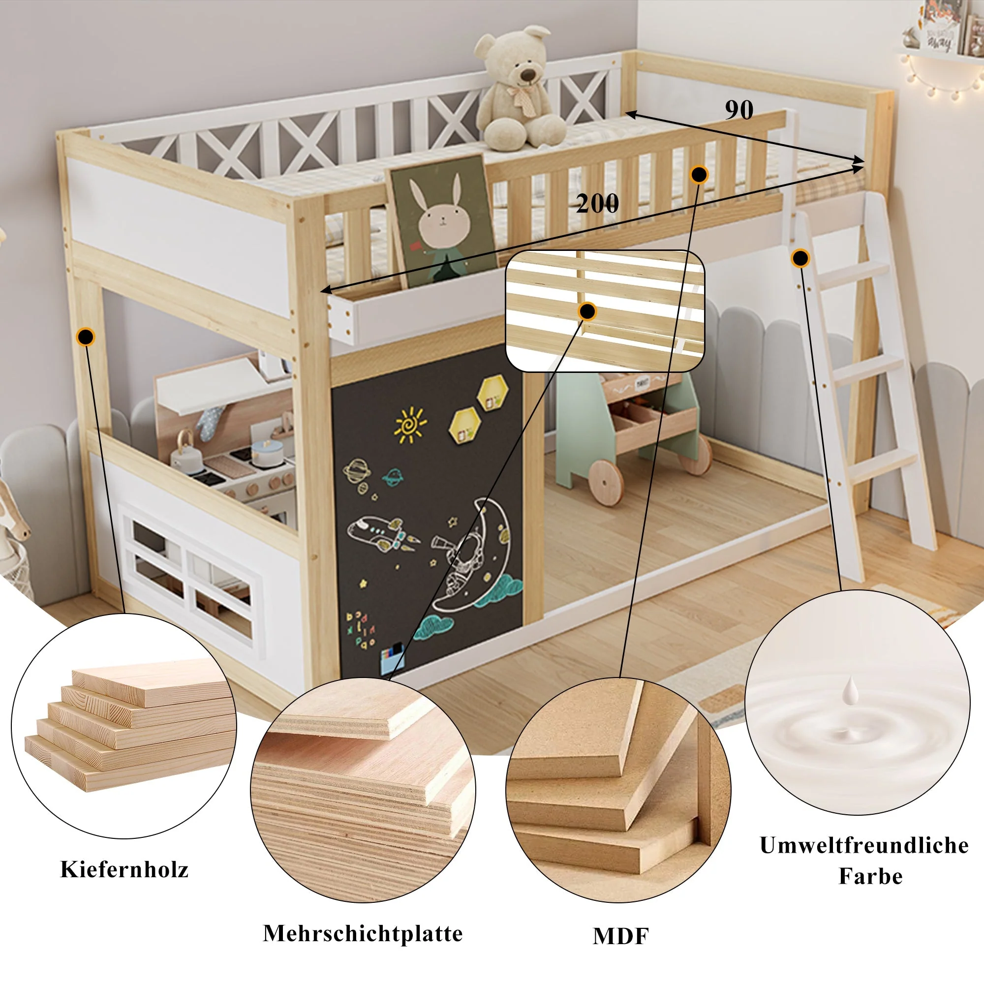 Bunk Bed Chalkboard Storage Safety Railing Pine + MDF White/Natural 90x200cm - Image 6