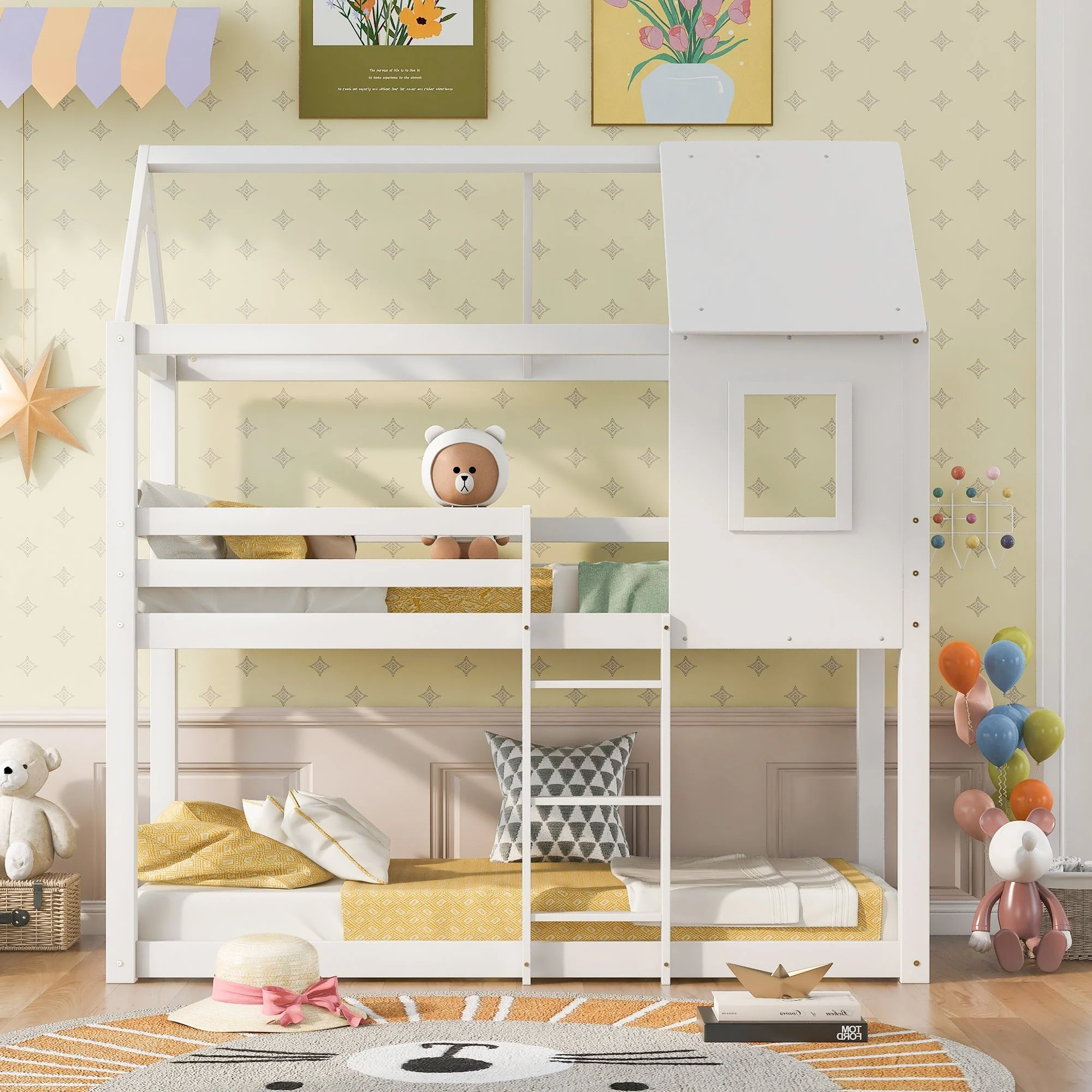 Bunk Bed, Children Cabin Bed, Single Bed for Kids, Twin Sleeper, 3FT, Solid Pine Wood, White - Image 2