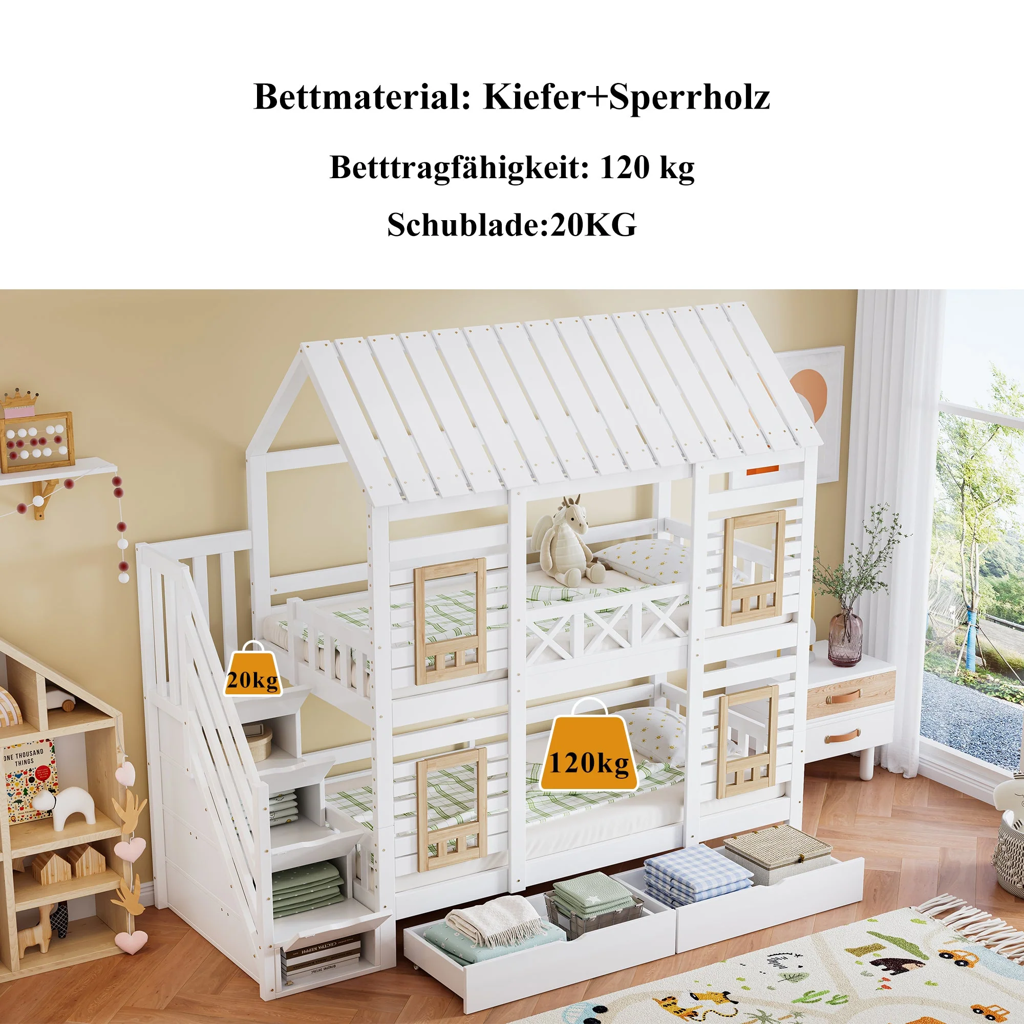 Bunk Bed Children's 90x200cm Safety Rail Storage Drawers Stairs, Pine+MDF White/Natural - Image 6