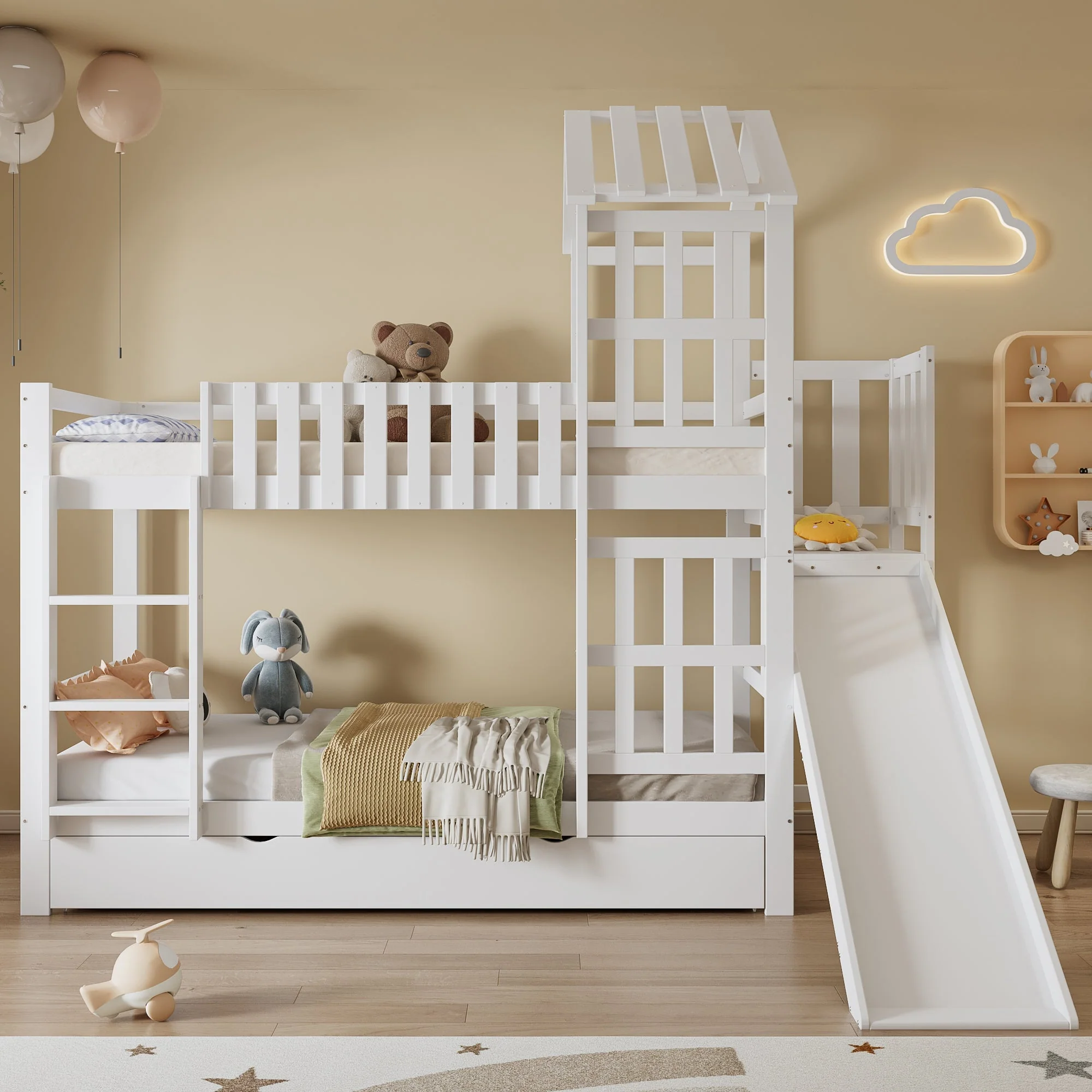 Bunk bed, children's bed with large drawer, fun slide, roof and window, white, Pine+MDF+Plywood - Image 2