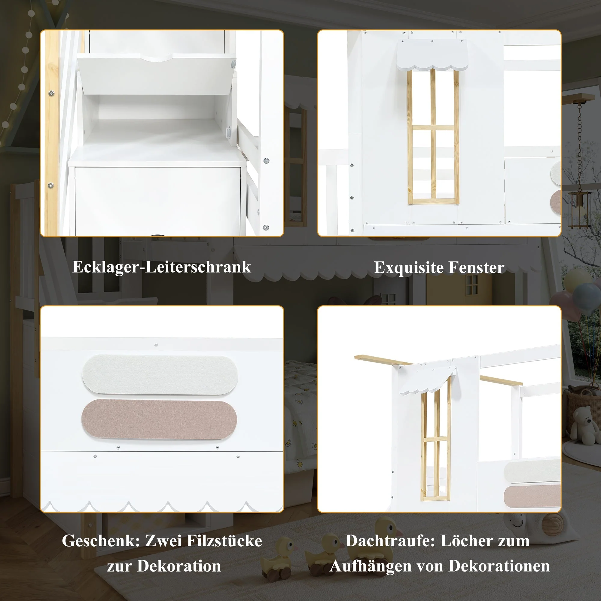 Bunk bed, children's bed with storage stairs, exquisite windows, wavy roof edge, white + natural - Image 6