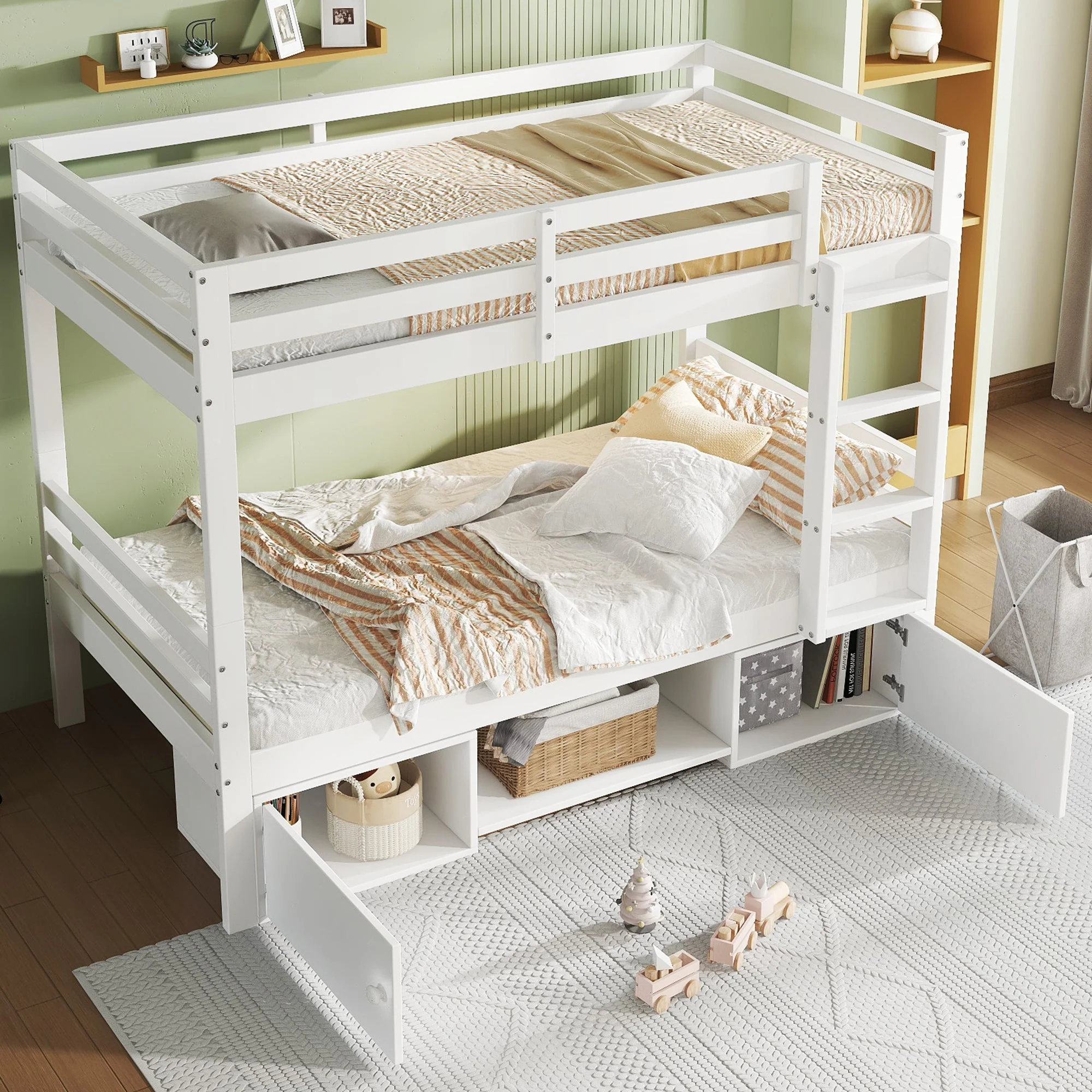 Bunk Bed Children's Shoe Racks Lockers Divisible 2 Single Beds, White 90x200cm - Image 3