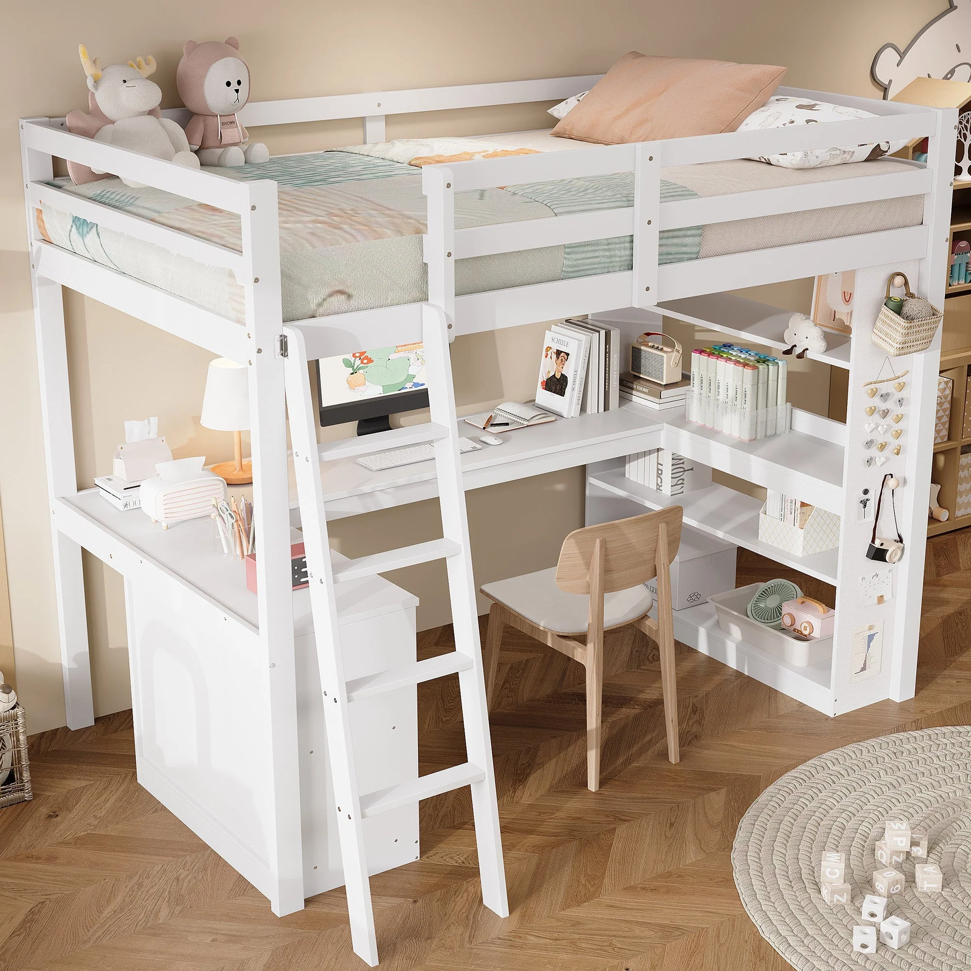 Bunk Bed Children's Storage Shelf Safety Railing Angled Ladder 90x200cm, Pine Chipboard White - Image 3