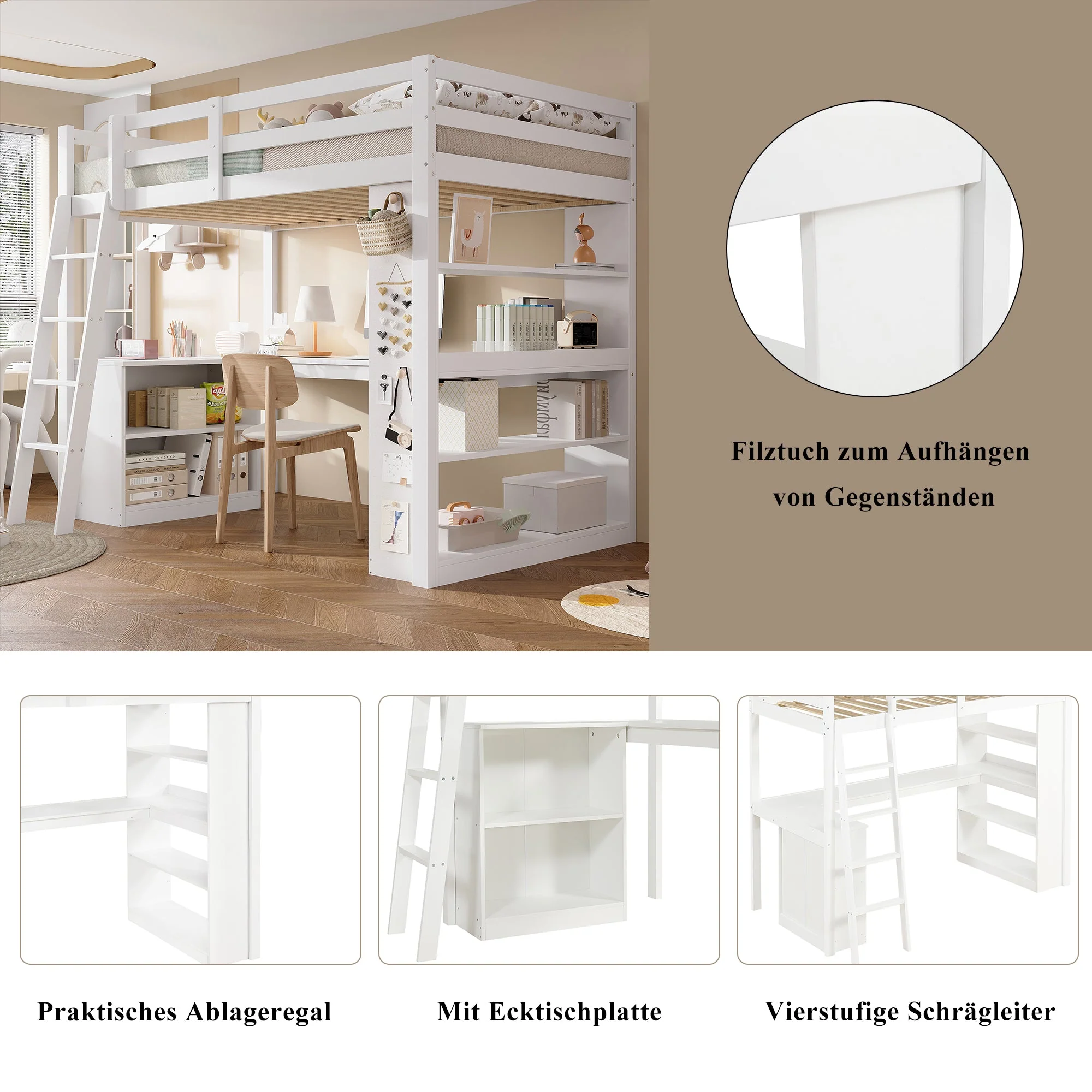 Bunk Bed Children's Storage Shelf Safety Railing Angled Ladder 90x200cm, Pine Chipboard White - Image 5