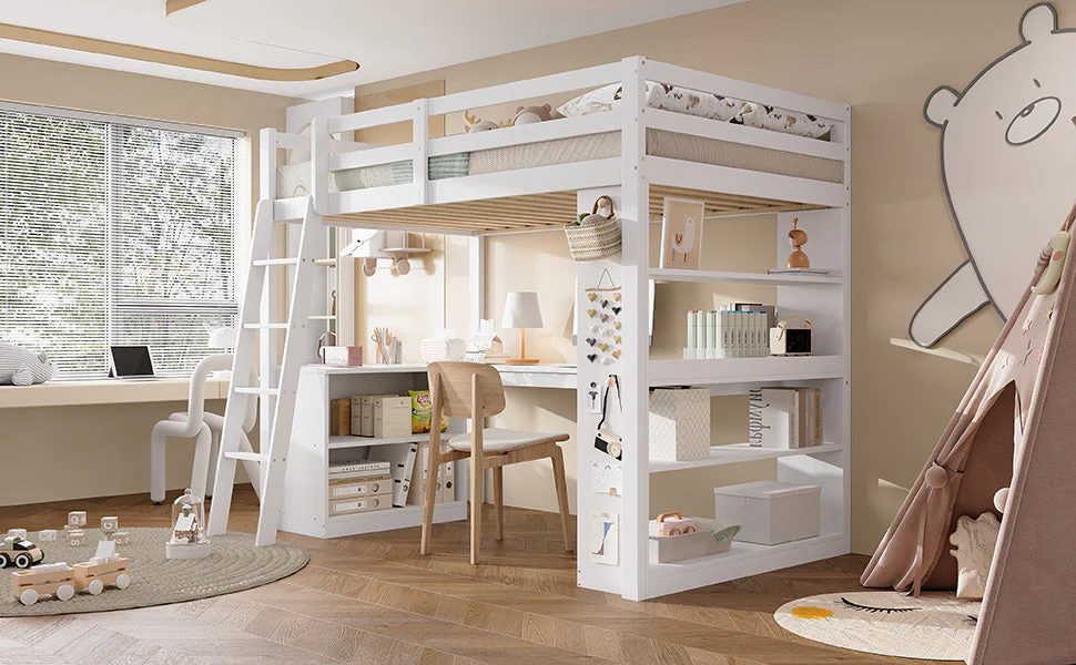 Bunk Bed Children's Storage Shelf Safety Railing Angled Ladder 90x200cm, Pine Chipboard White - Image 7