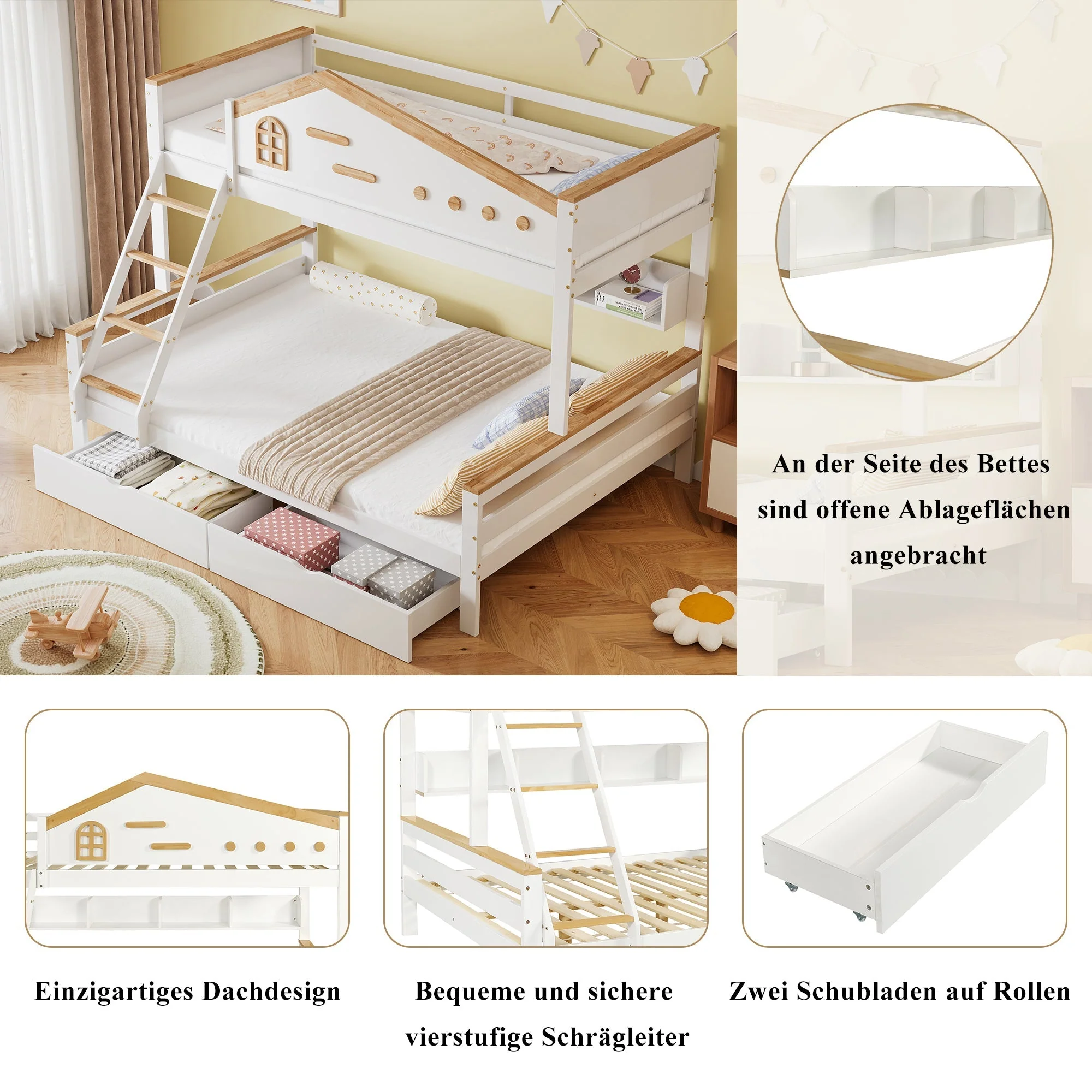 Bunk Bed, Children's with Drawers & Ladder, Pine+MDF White+Natural - Image 6